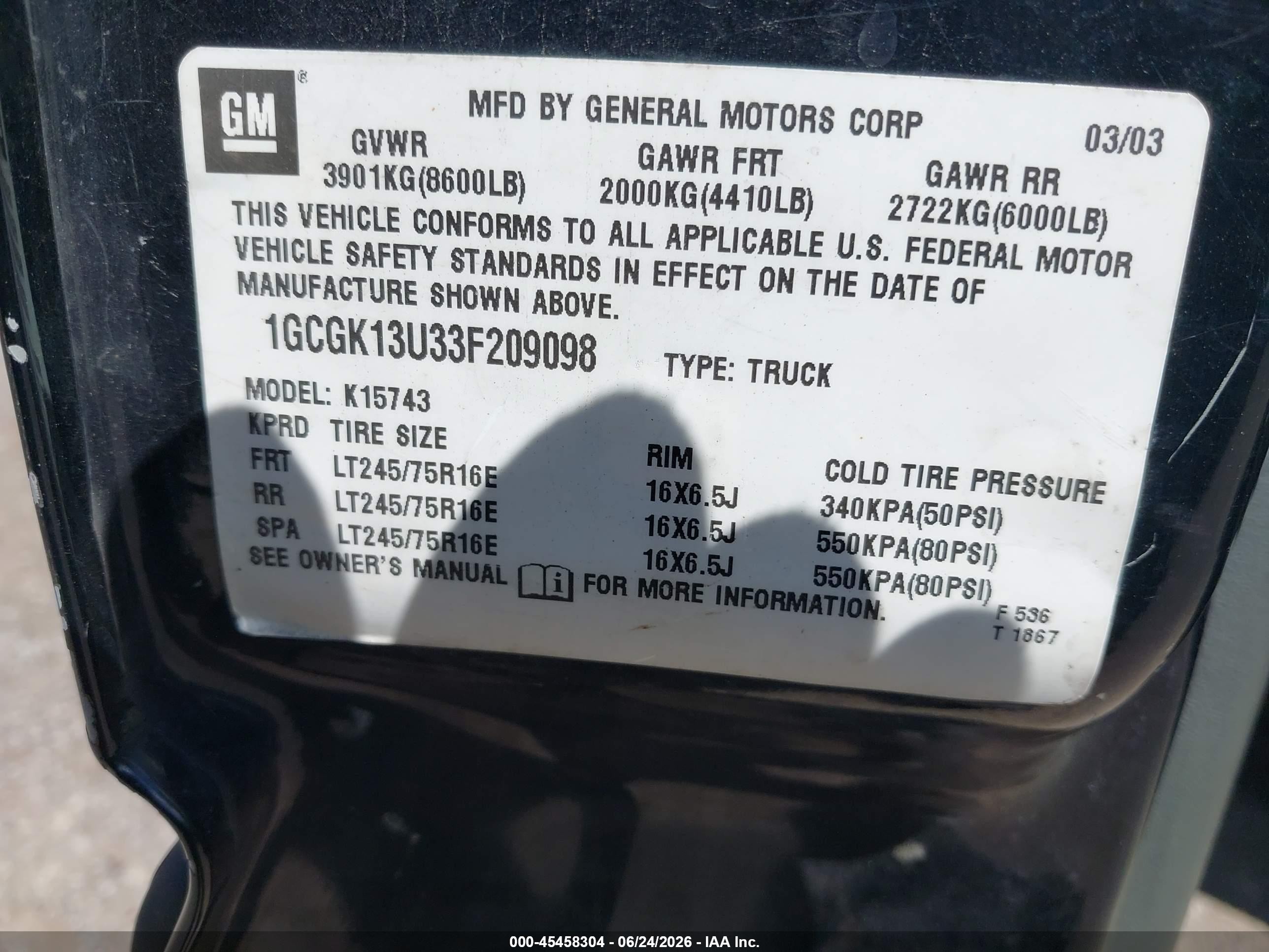 2003 Chevrolet Silverado 1500hd Ls Black vin: 1GCGK13U33F209098