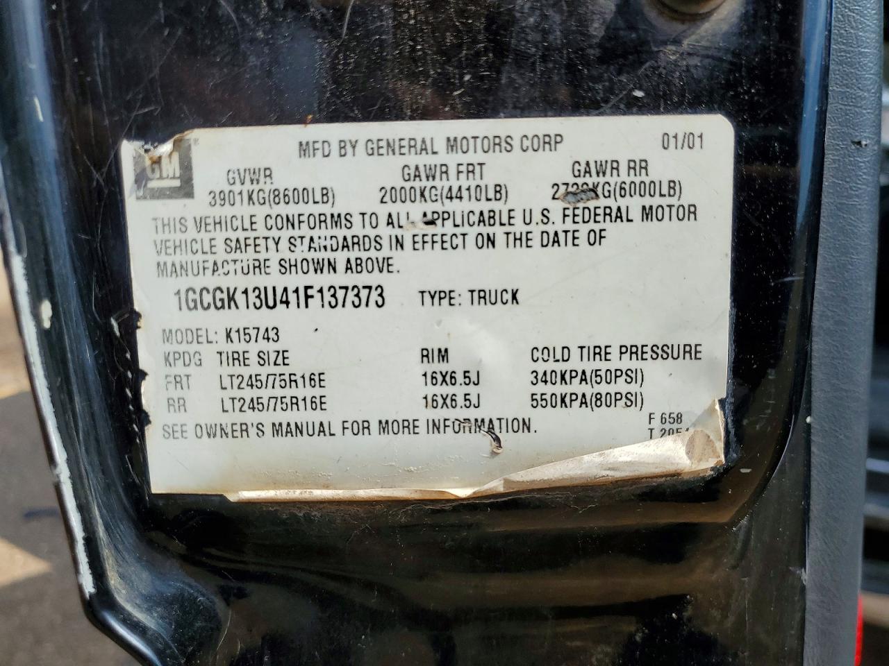 2001 Chevrolet Silverado K1500 Heavy Duty Black vin: 1GCGK13U41F137373