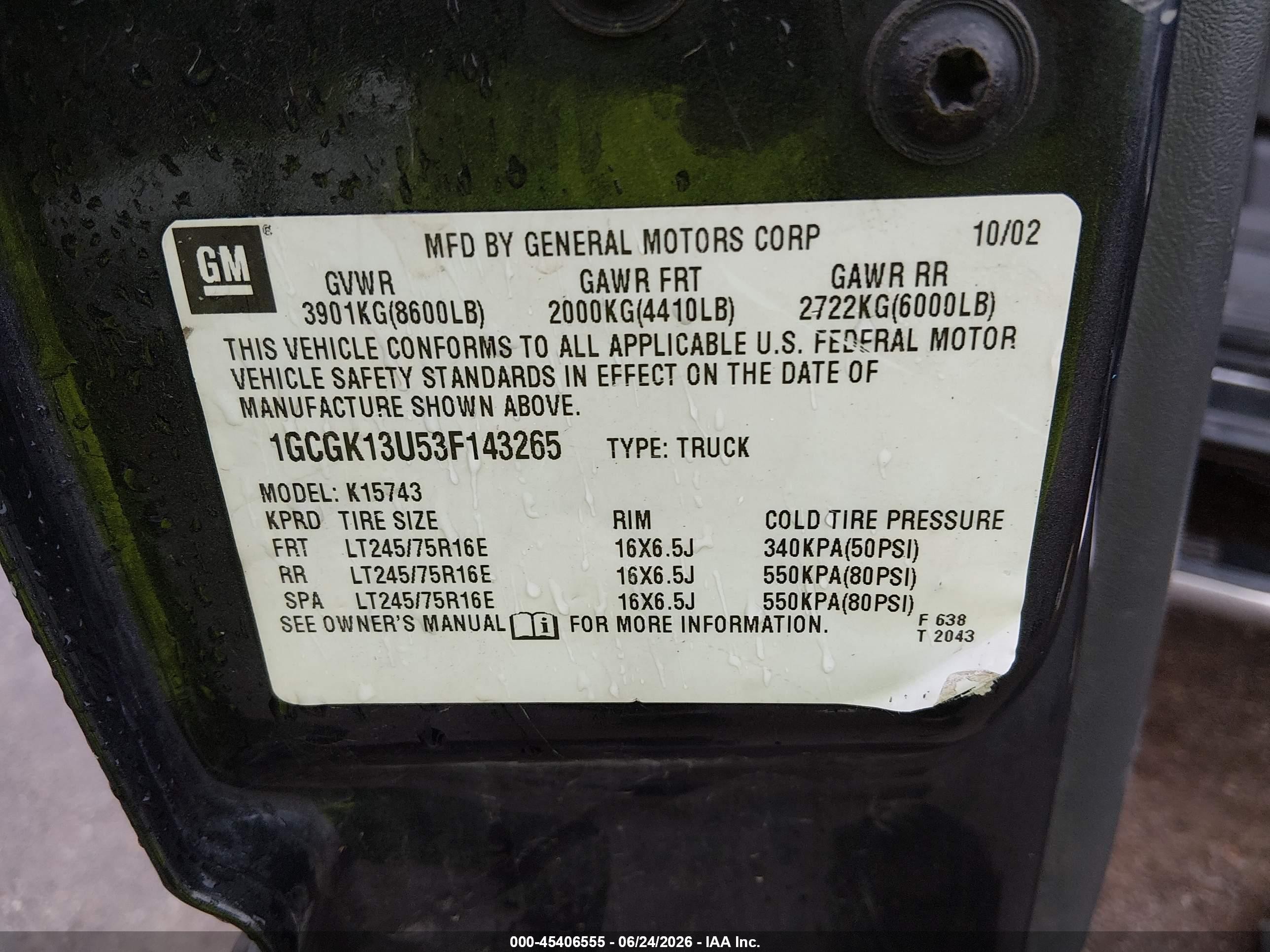 2003 Chevrolet Silverado 1500hd Ls Black vin: 1GCGK13U53F143265