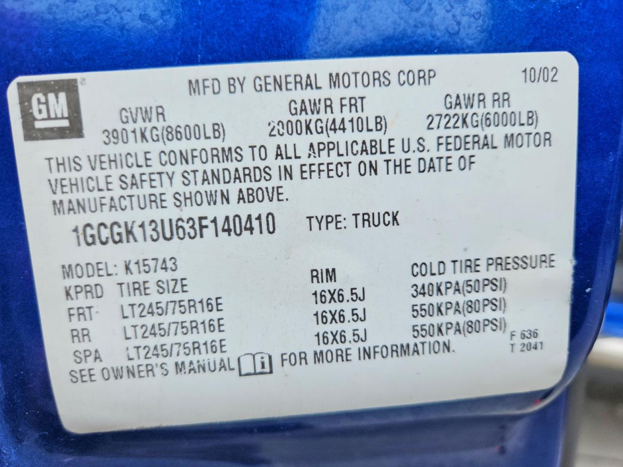 2003 Chevrolet Silverado K1500 Heavy Duty Blue vin: 1GCGK13U63F140410