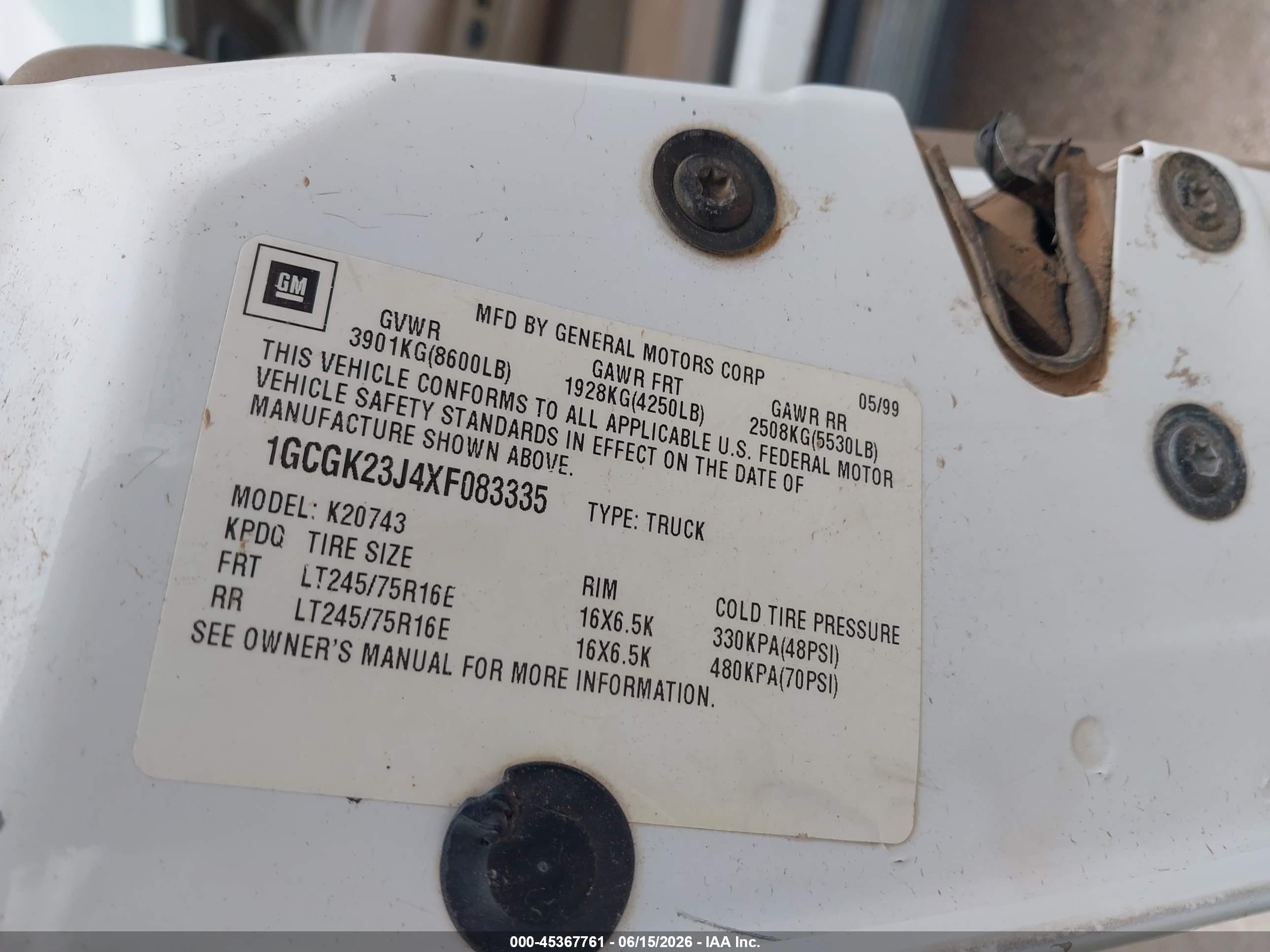 1999 Chevrolet K2500   White vin: 1GCGK23J4XF083335