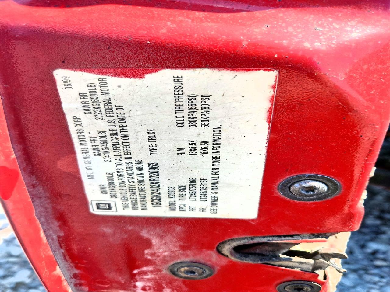 1999 Chevrolet Gmt-400 K2500 Красный vin: 1GCGK24J2XR720963
