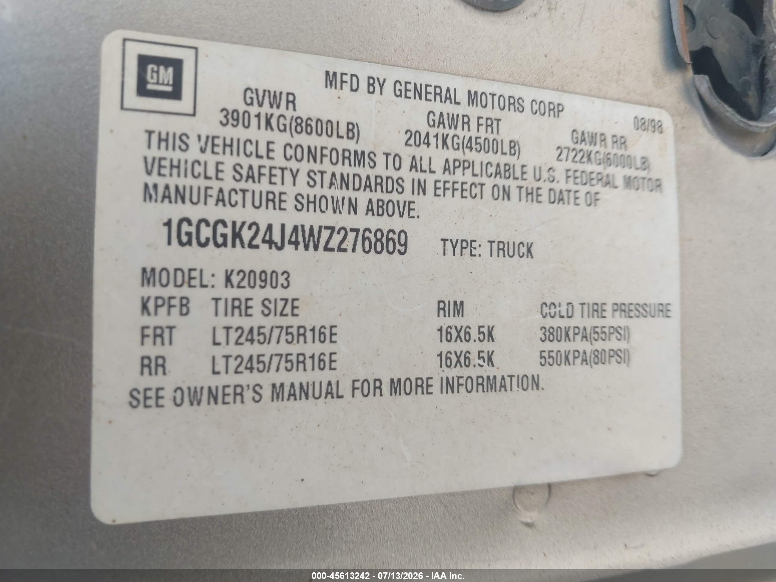 1998 Chevrolet C/k 2500 Fleetside Бежевый vin: 1GCGK24J4WZ276869