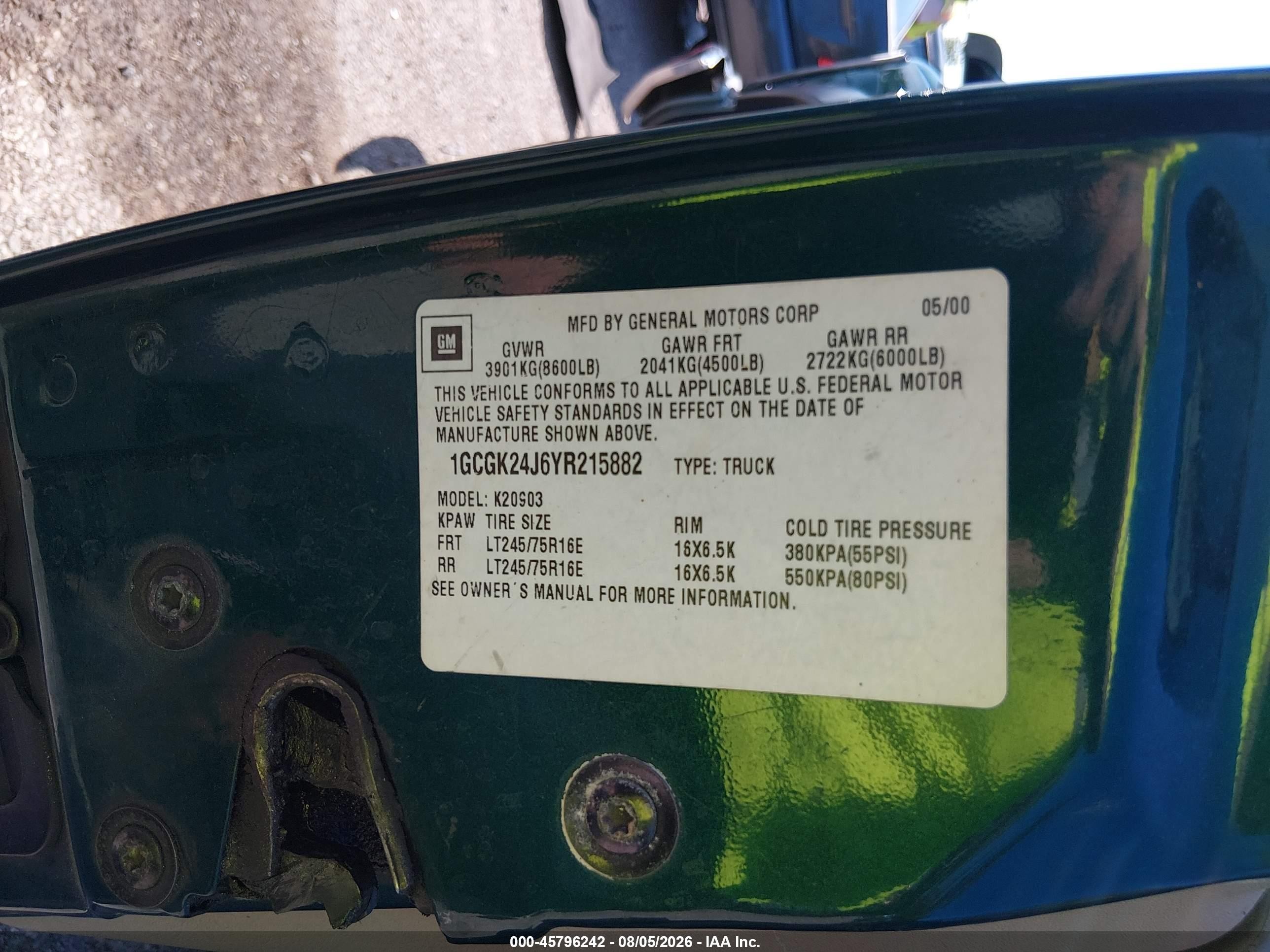 2000 Chevrolet K2500   Зеленый vin: 1GCGK24J6YR215882