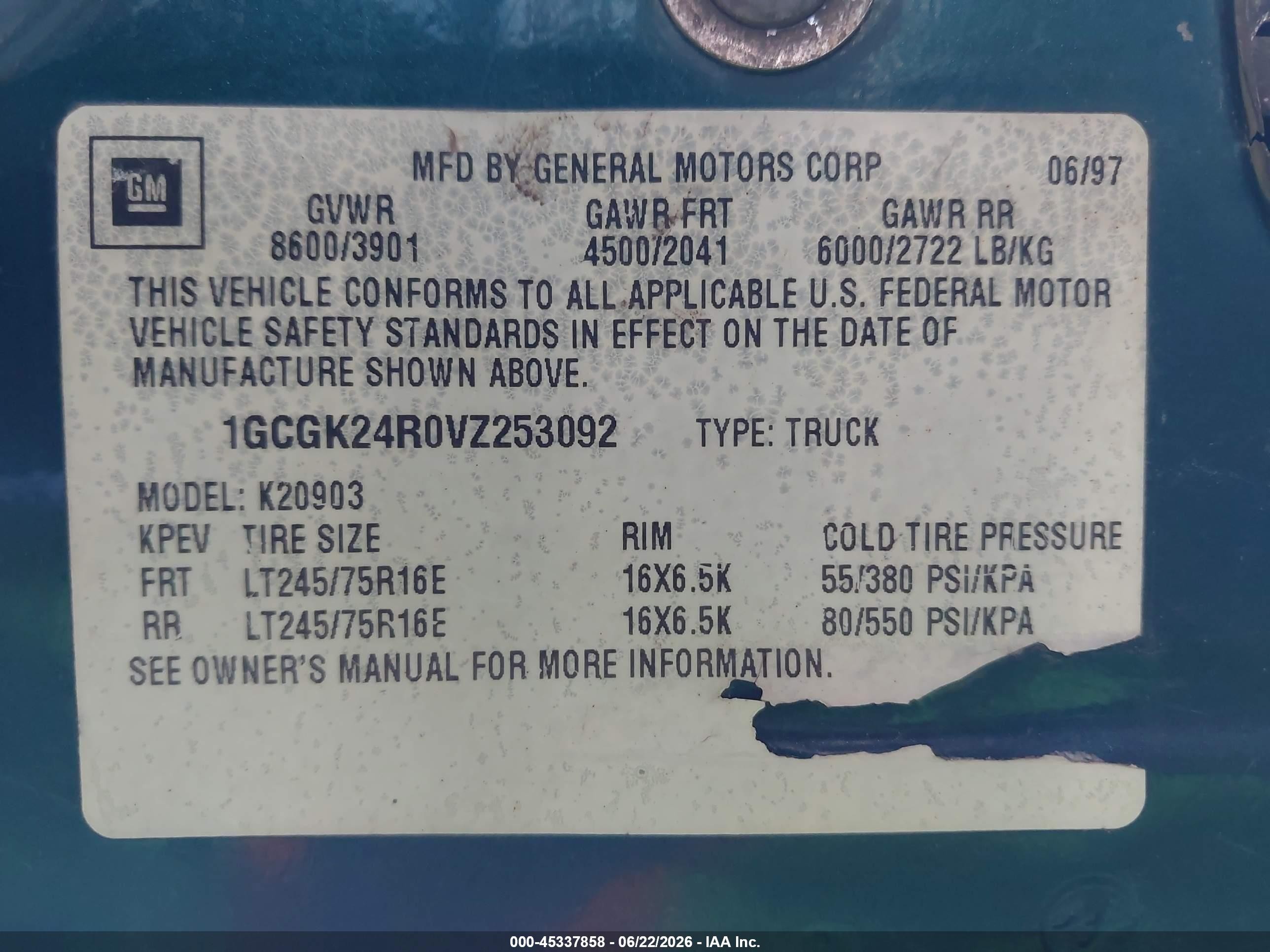 1997 Chevrolet K2500 Hd Fleetside Green vin: 1GCGK24R0VZ253092