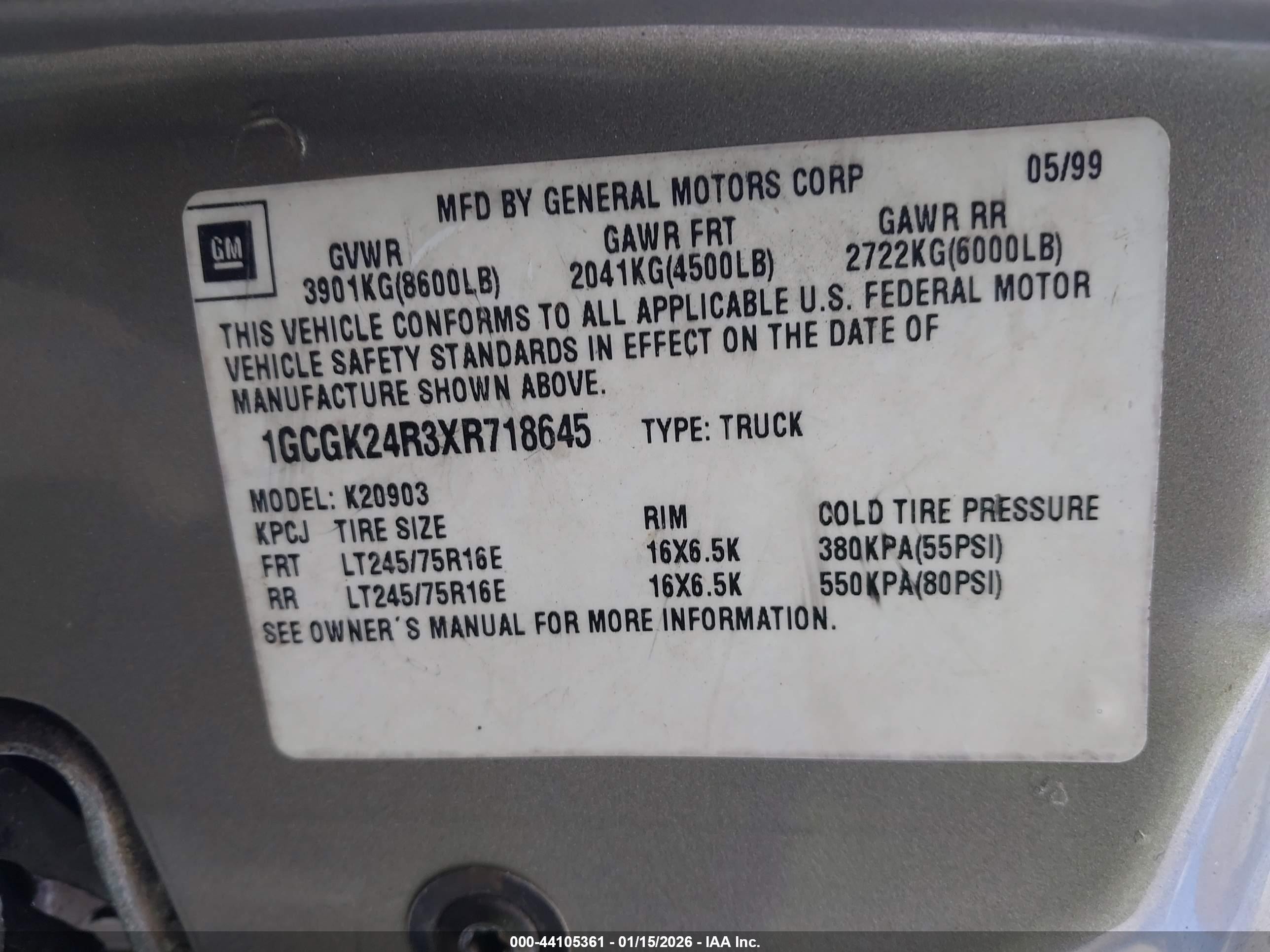 1999 Chevrolet K2500   Gray vin: 1GCGK24R3XR718645