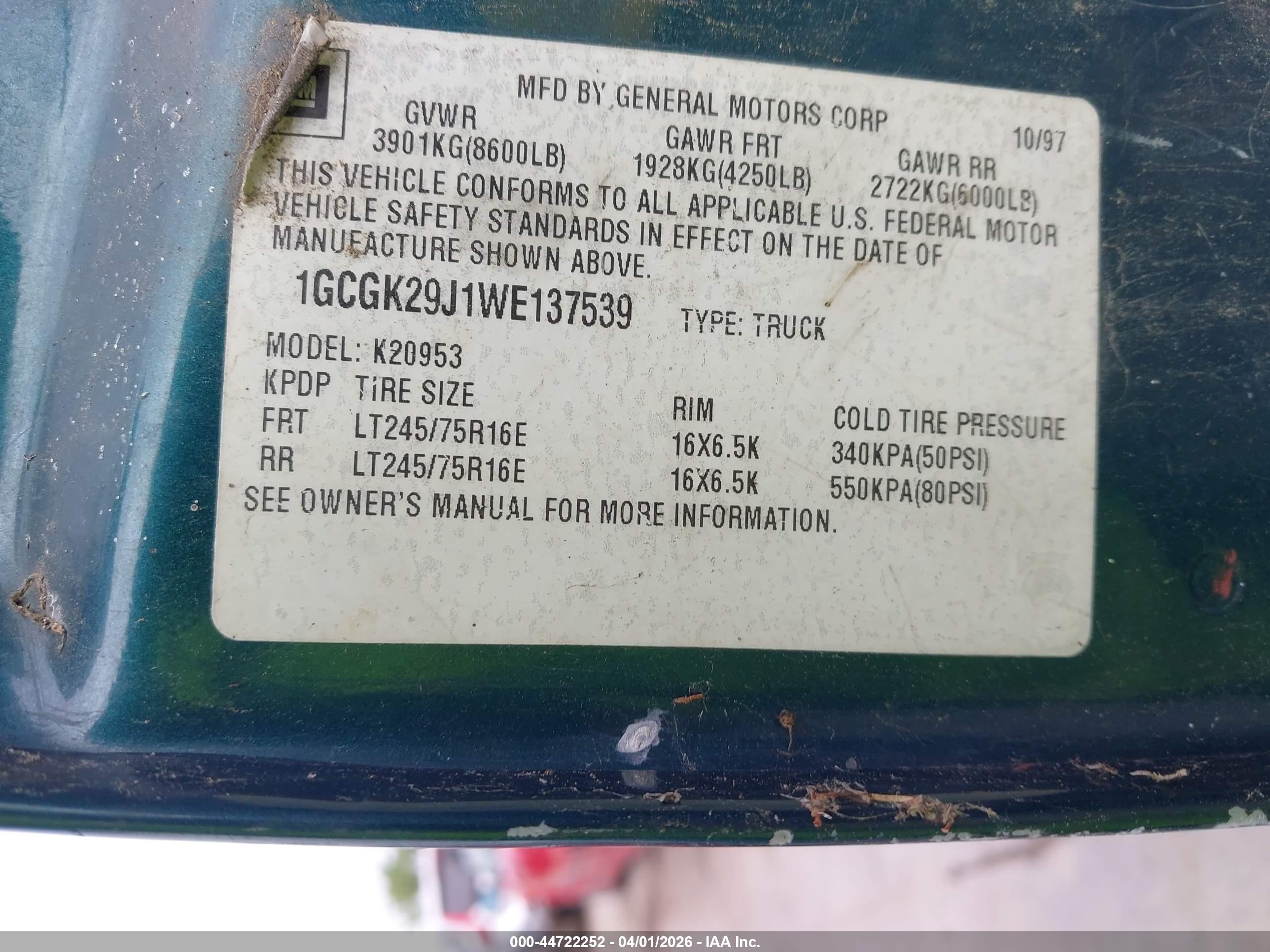 1998 Chevrolet K2500 Fleetside Green vin: 1GCGK29J1WE137539