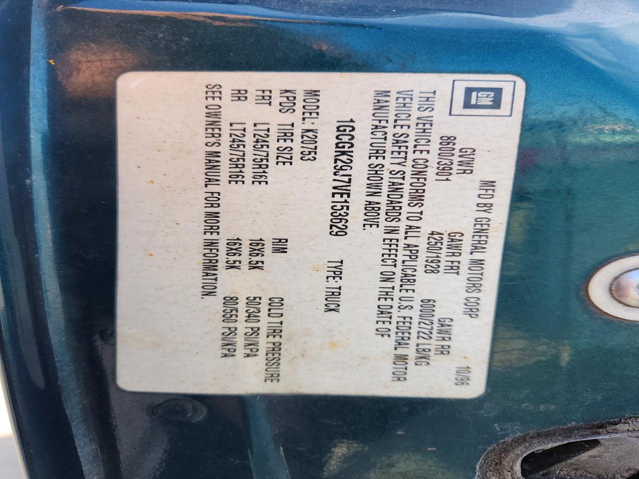 1997 Chevrolet Gmt-400 K2500 Green vin: 1GCGK29J7VE153629