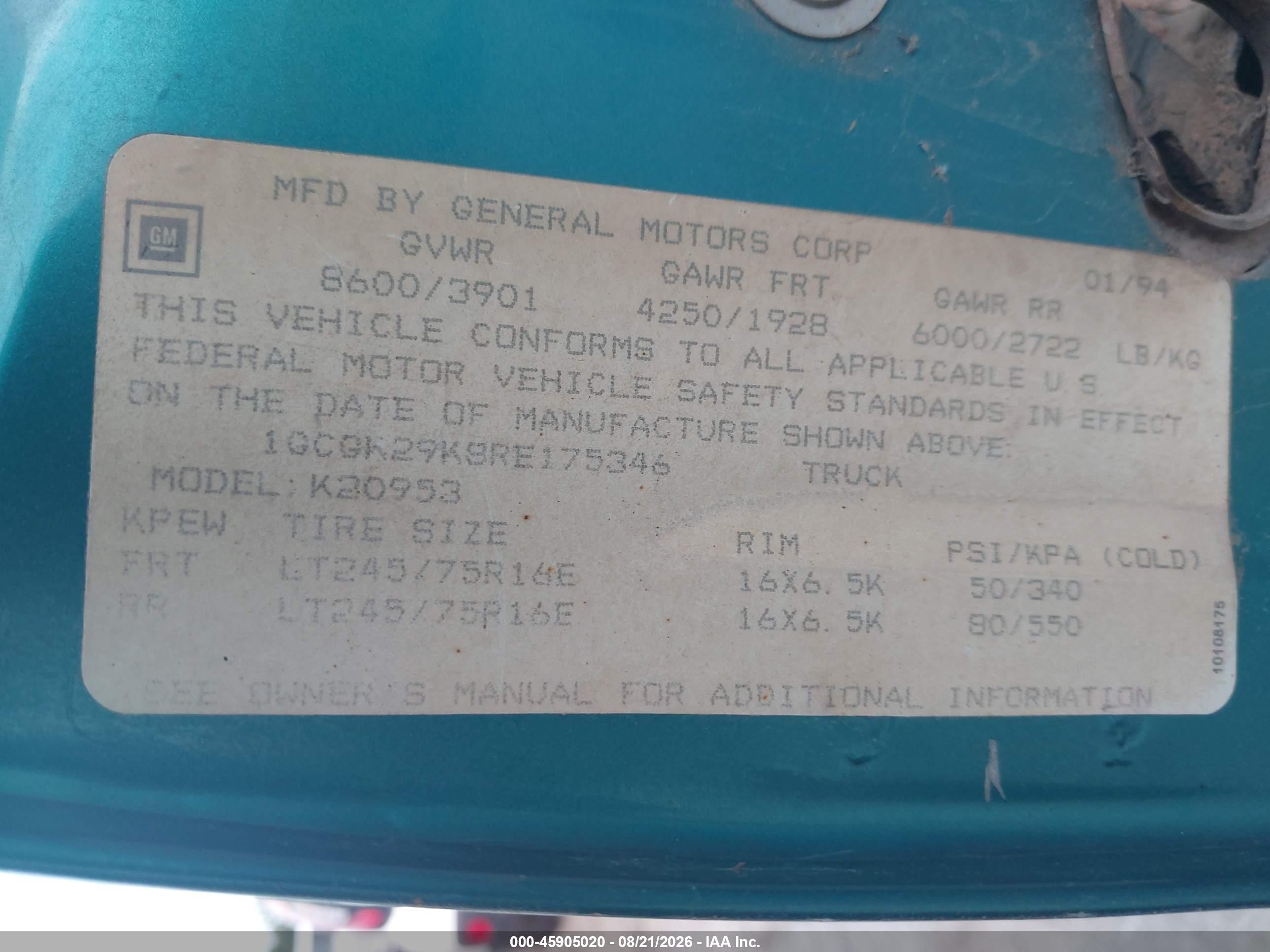 1994 Chevrolet Gmt-400 K2500 Turquoise vin: 1GCGK29K8RE175346