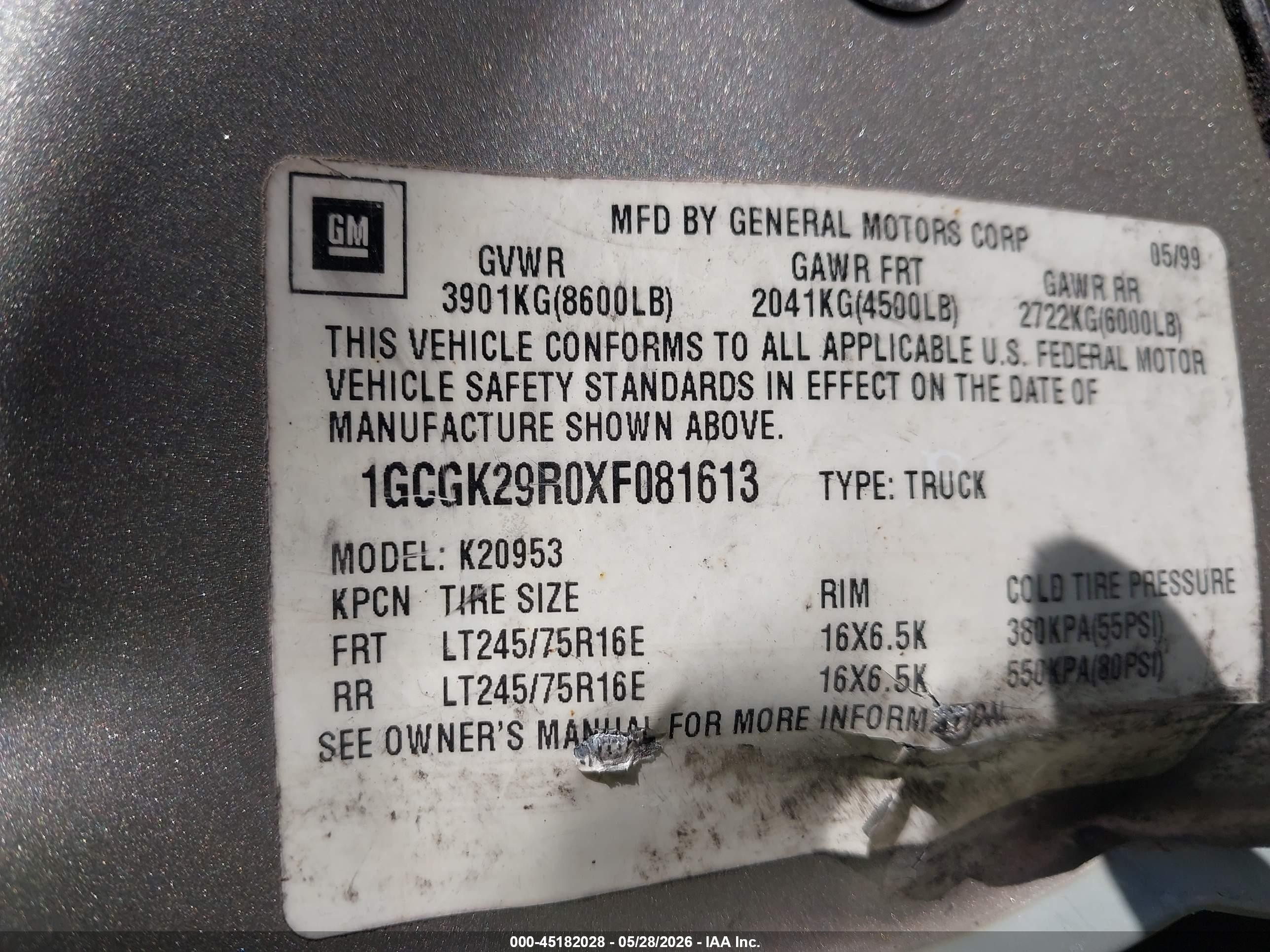 1999 Chevrolet K2500   Beige vin: 1GCGK29R0XF081613