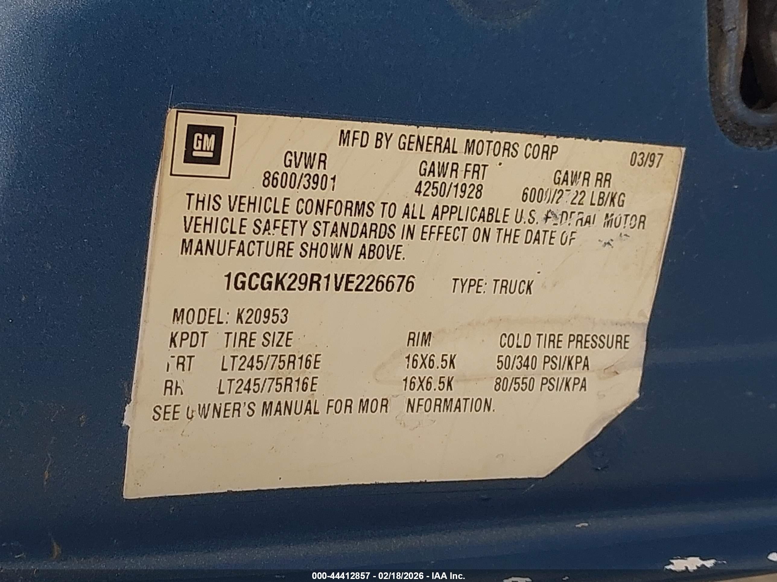 1997 Chevrolet K2500 Hd Fleetside Blue vin: 1GCGK29R1VE226676