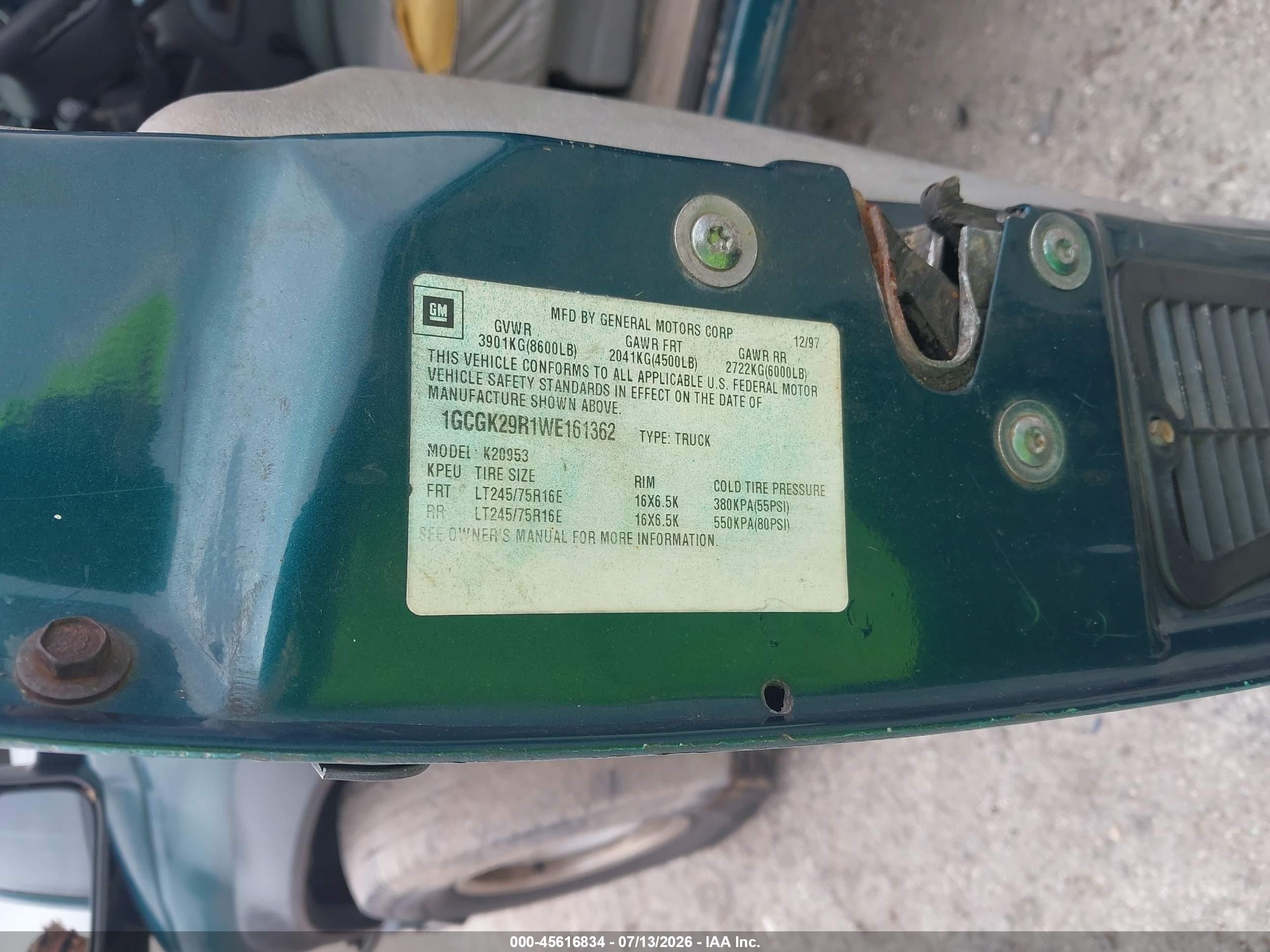 1998 Chevrolet C/k 2500 Fleetside Green vin: 1GCGK29R1WE161362