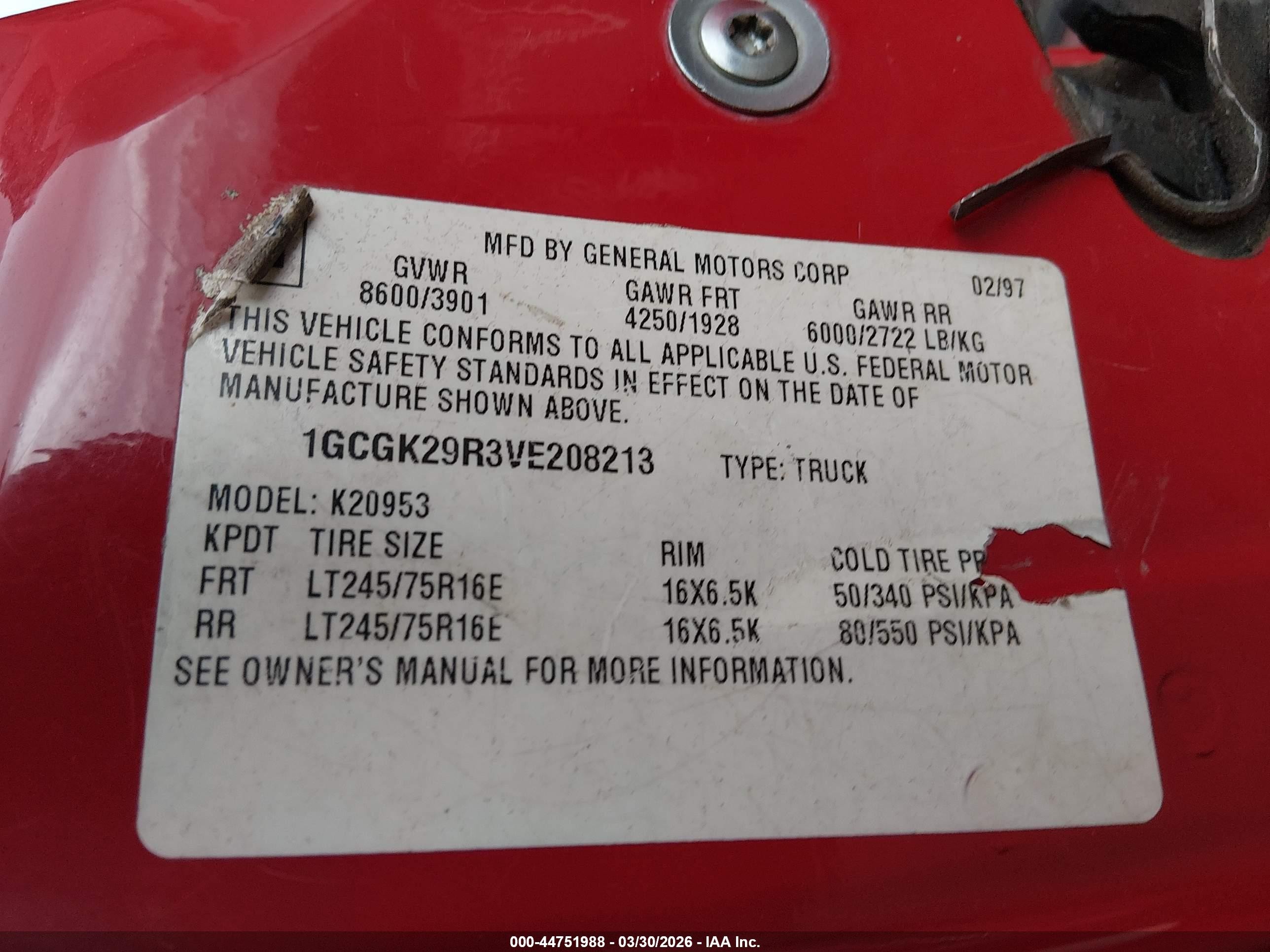 1997 Chevrolet K2500 Hd Fleetside Red vin: 1GCGK29R3VE208213