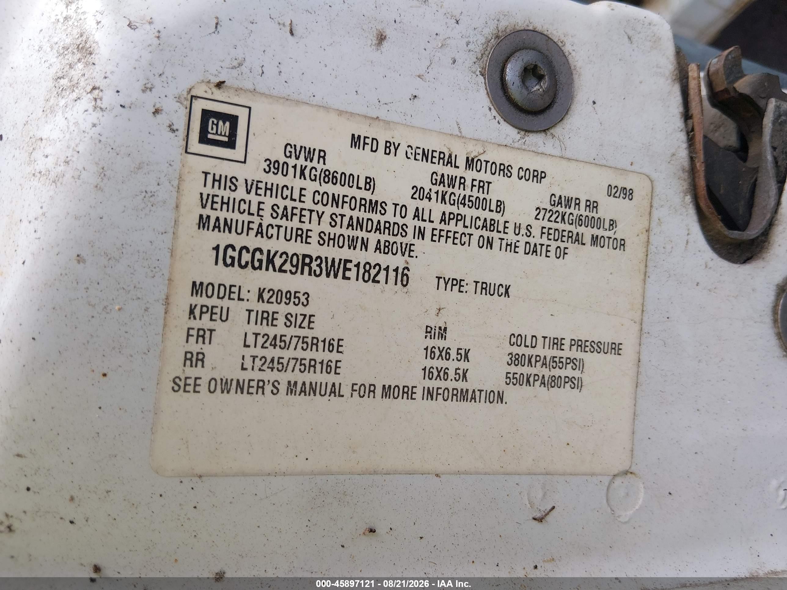 1998 Chevrolet C/k 2500 Fleetside White vin: 1GCGK29R3WE182116