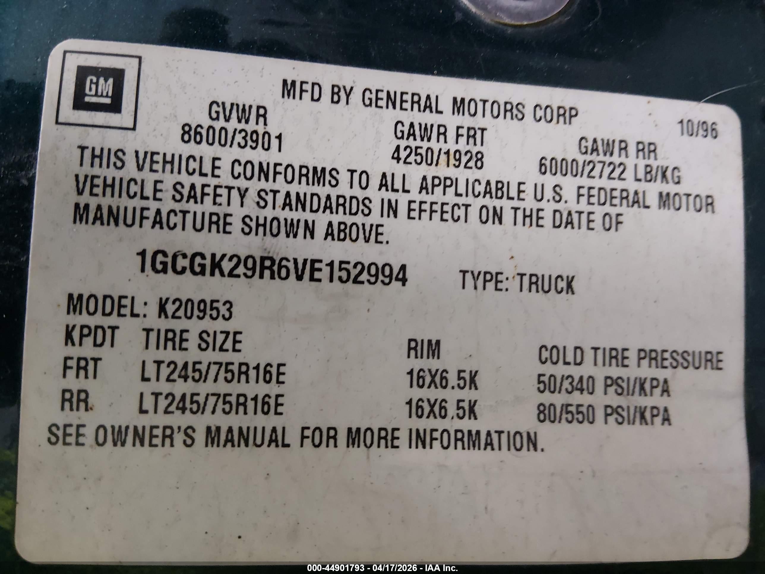 1997 Chevrolet K2500 Hd Fleetside Green vin: 1GCGK29R6VE152994