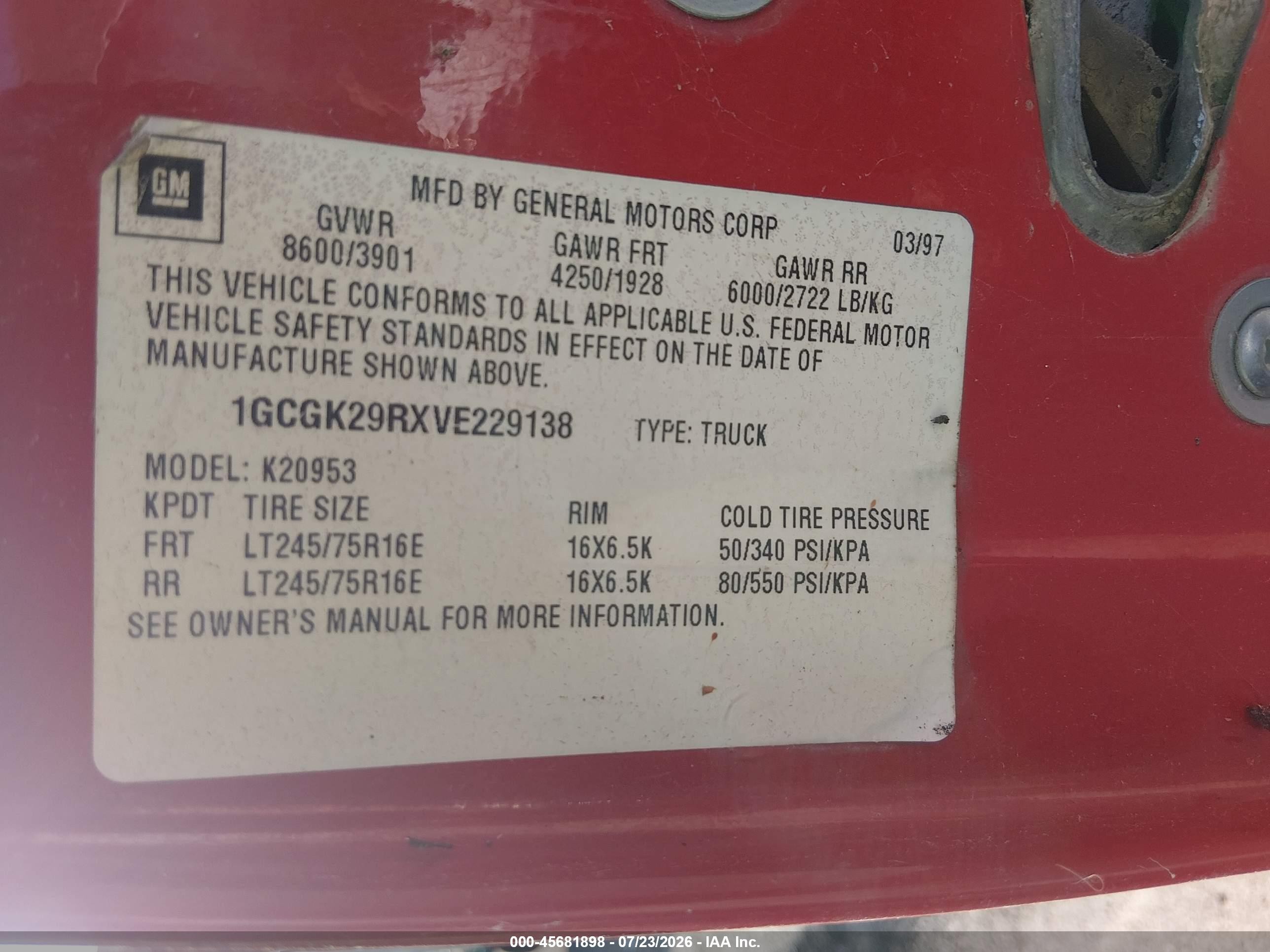 1997 Chevrolet C/k 2500 Hd Fleetside Red vin: 1GCGK29RXVE229138