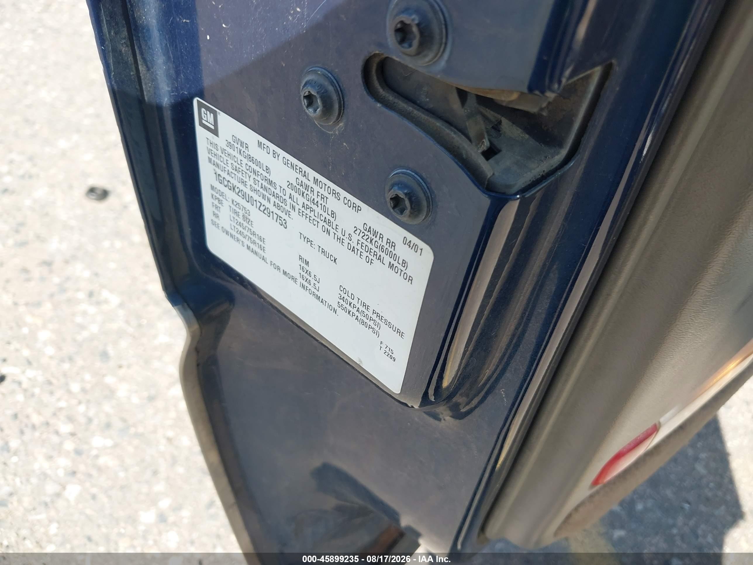 2001 Chevrolet Silverado 2500 Ls Blue vin: 1GCGK29U01Z291753