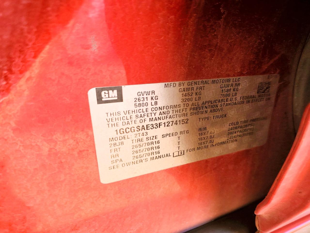 2015 Chevrolet Colorado Red vin: 1GCGSAE33F1274152