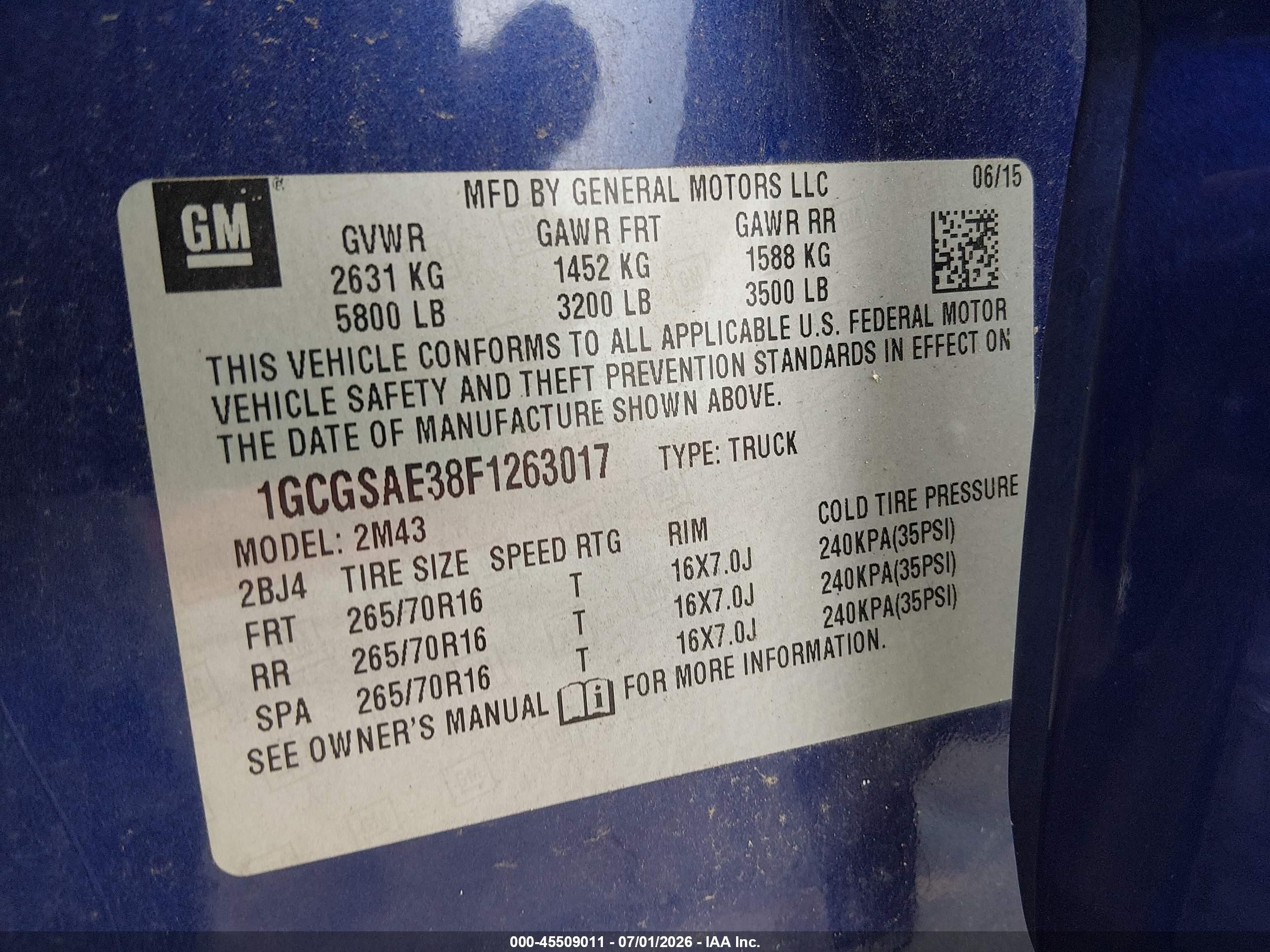 2015 Chevrolet Colorado 2wd Wt Blue vin: 1GCGSAE38F1263017