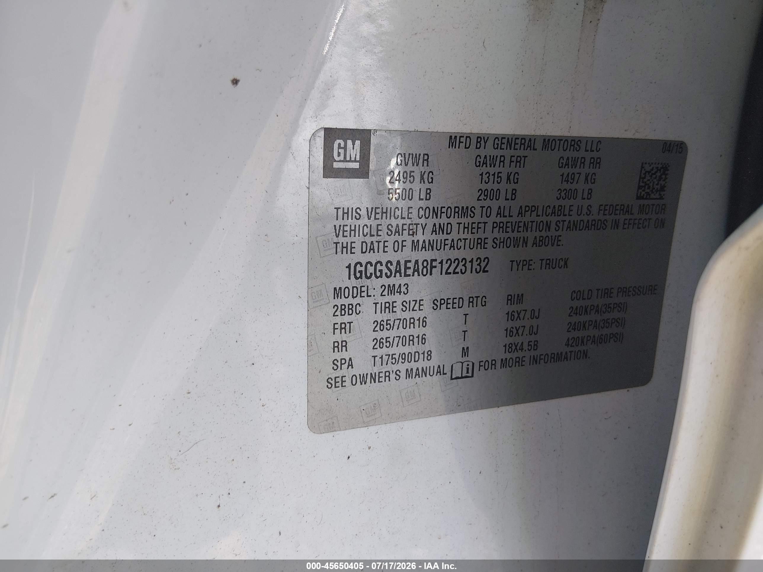 2015 Chevrolet Colorado 2wd Wt White vin: 1GCGSAEA8F1223132
