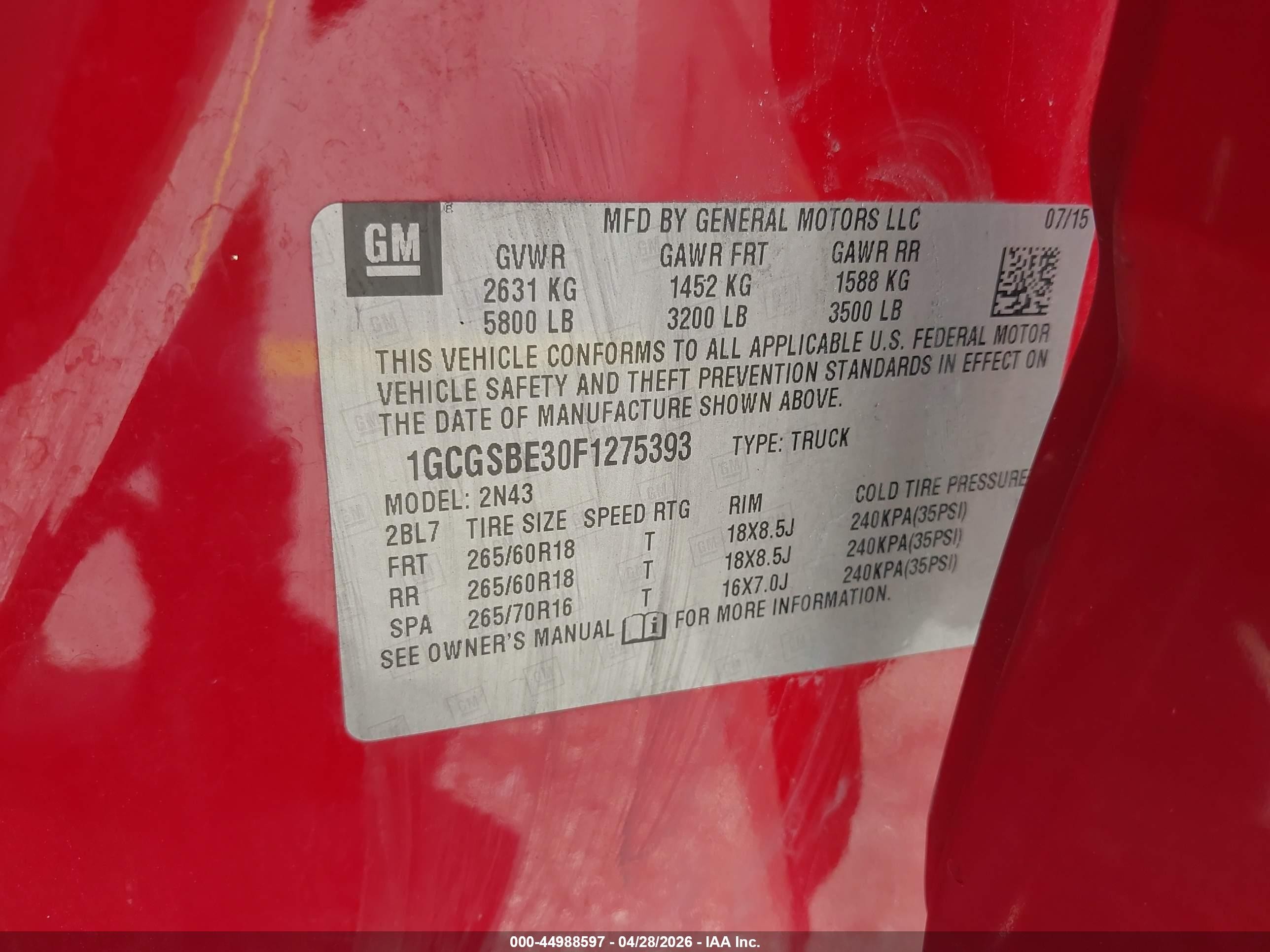 2015 Chevrolet Colorado Lt Red vin: 1GCGSBE30F1275393