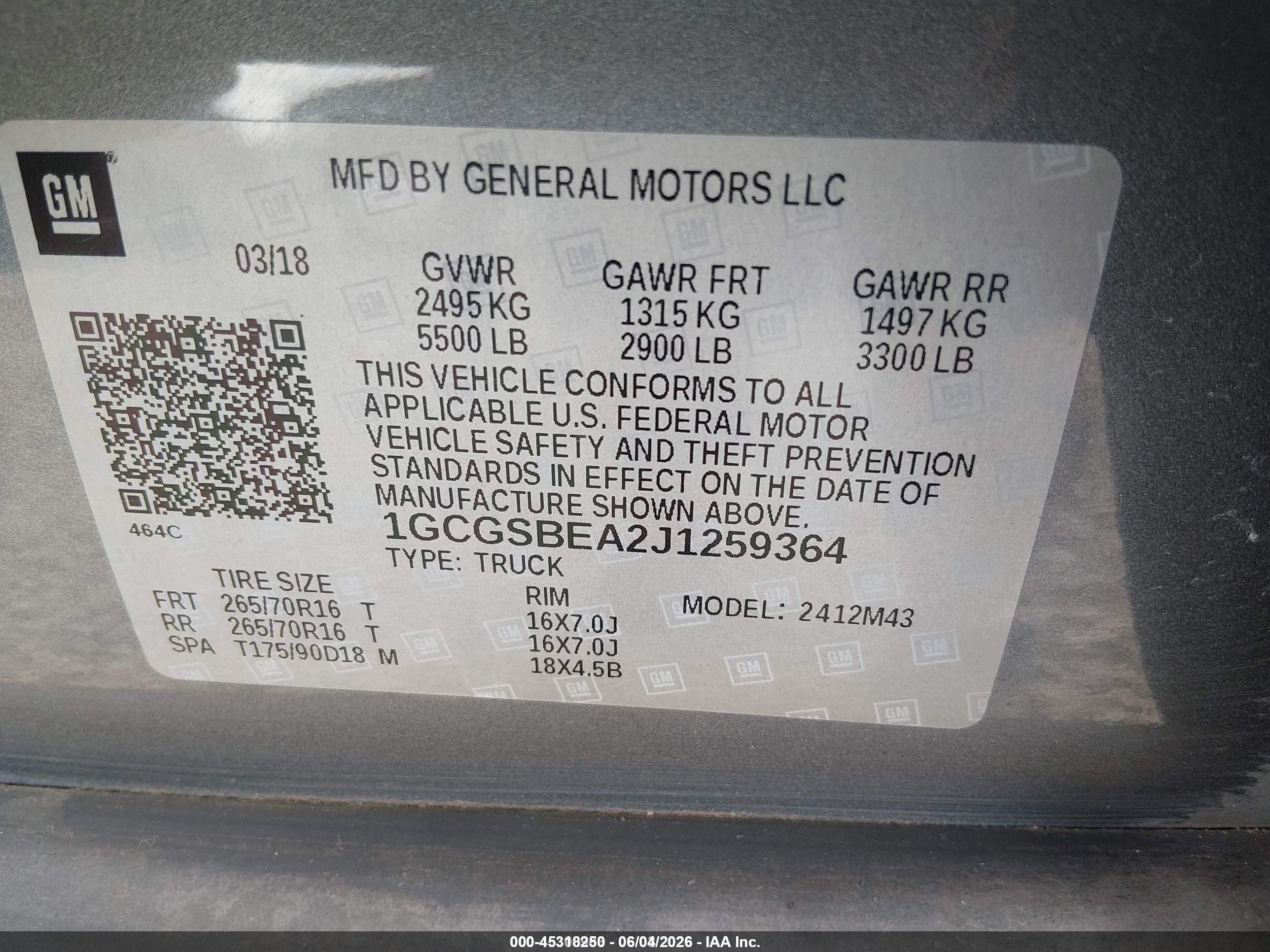 2018 Chevrolet Colorado Wt Gray vin: 1GCGSBEA2J1259364