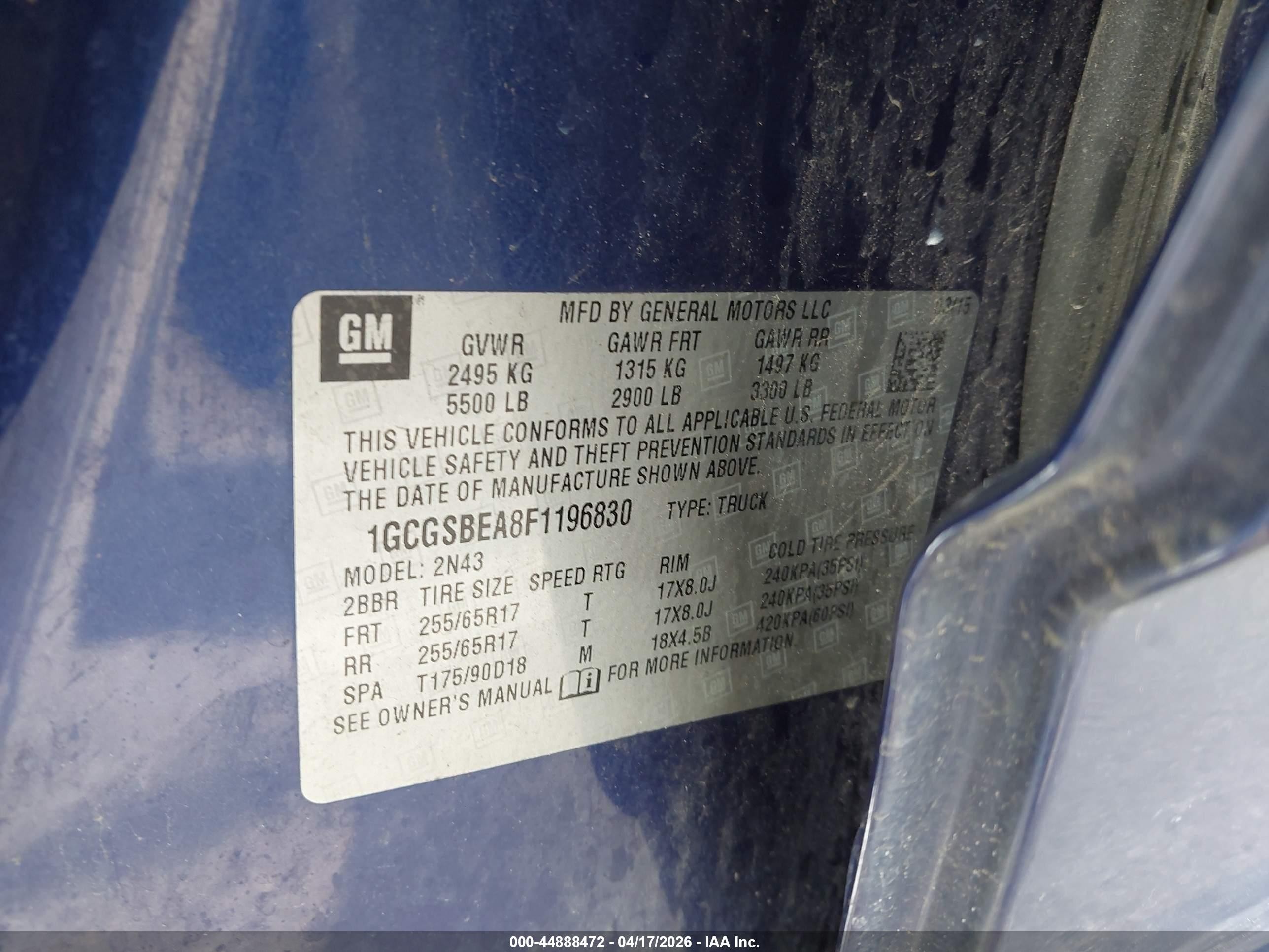 2015 Chevrolet Colorado Lt Blue vin: 1GCGSBEA8F1196830