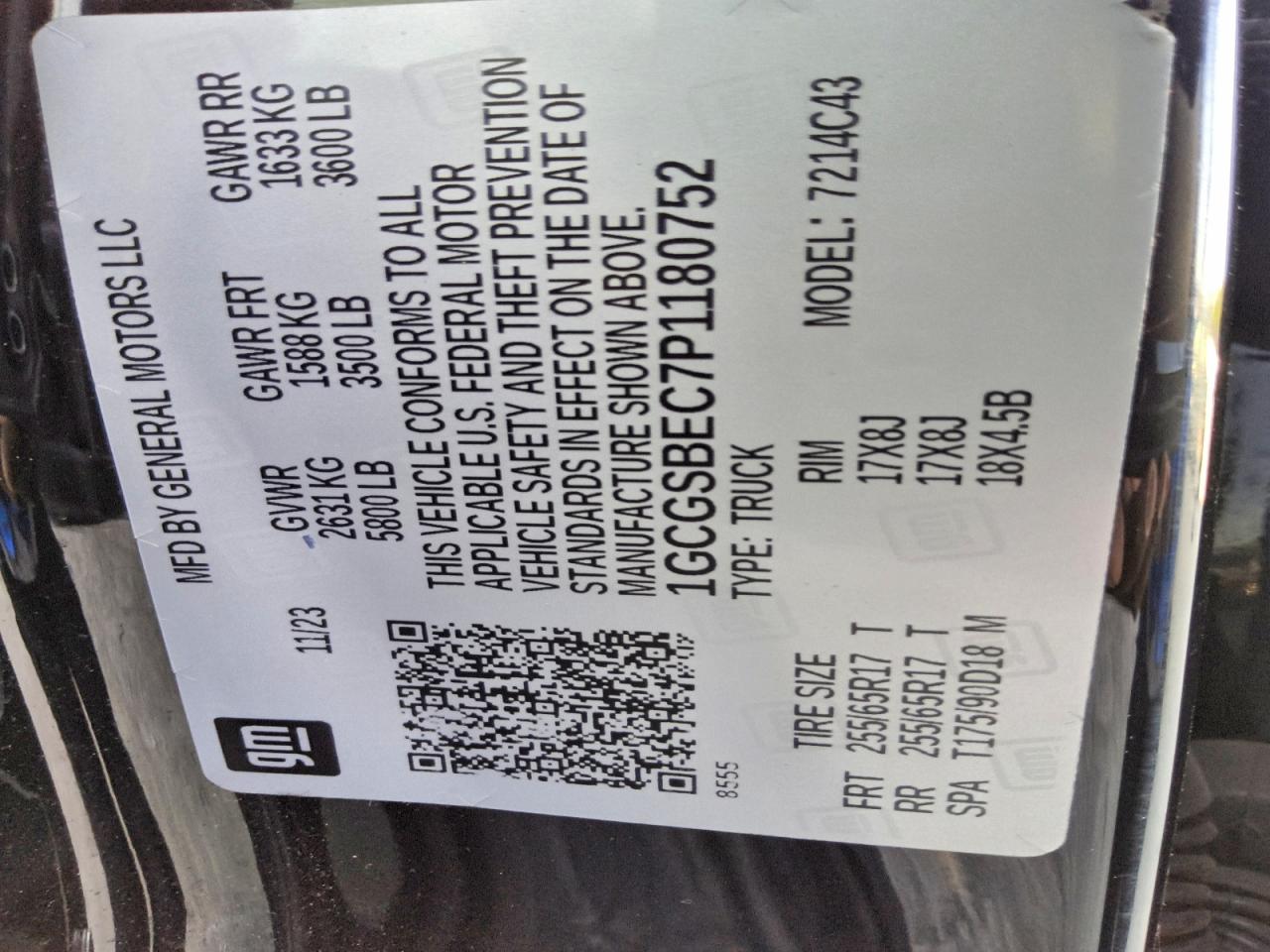 2023 Chevrolet Colorado Black vin: 1GCGSBEC7P1180752