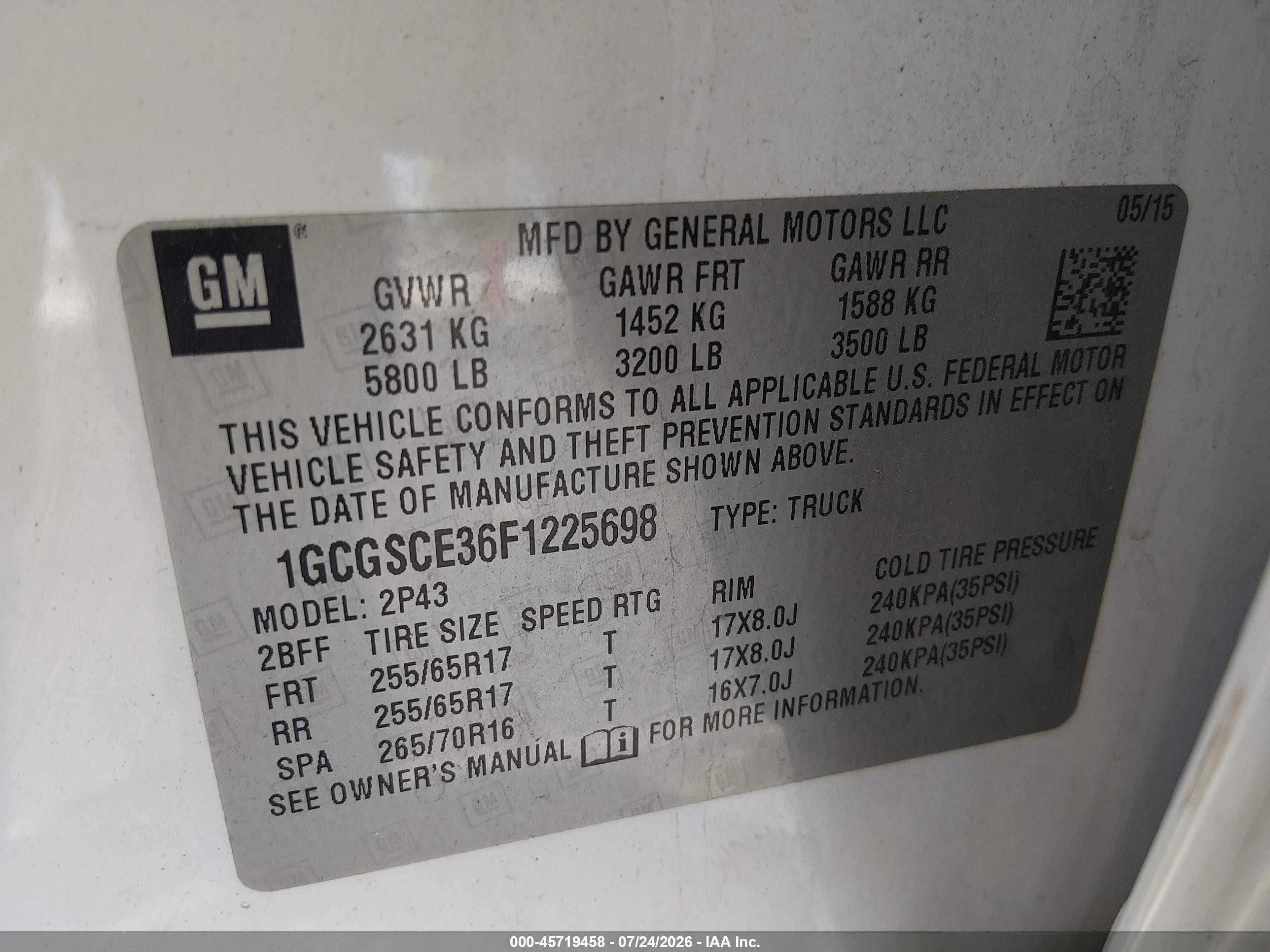 2015 Chevrolet Colorado 2wd Z71 White vin: 1GCGSCE36F1225698