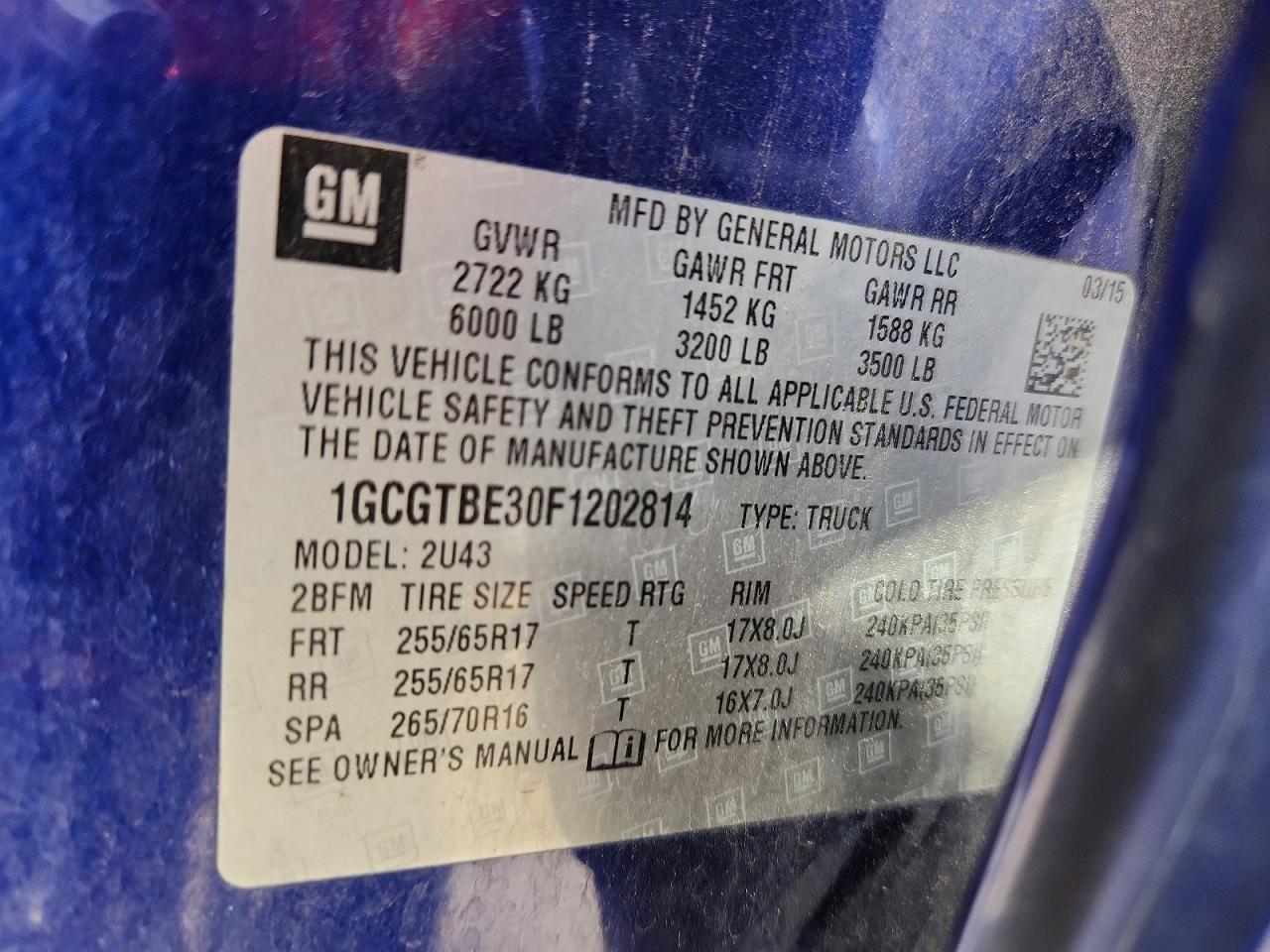 2015 Chevrolet Colorado Lt Blue vin: 1GCGTBE30F1202814
