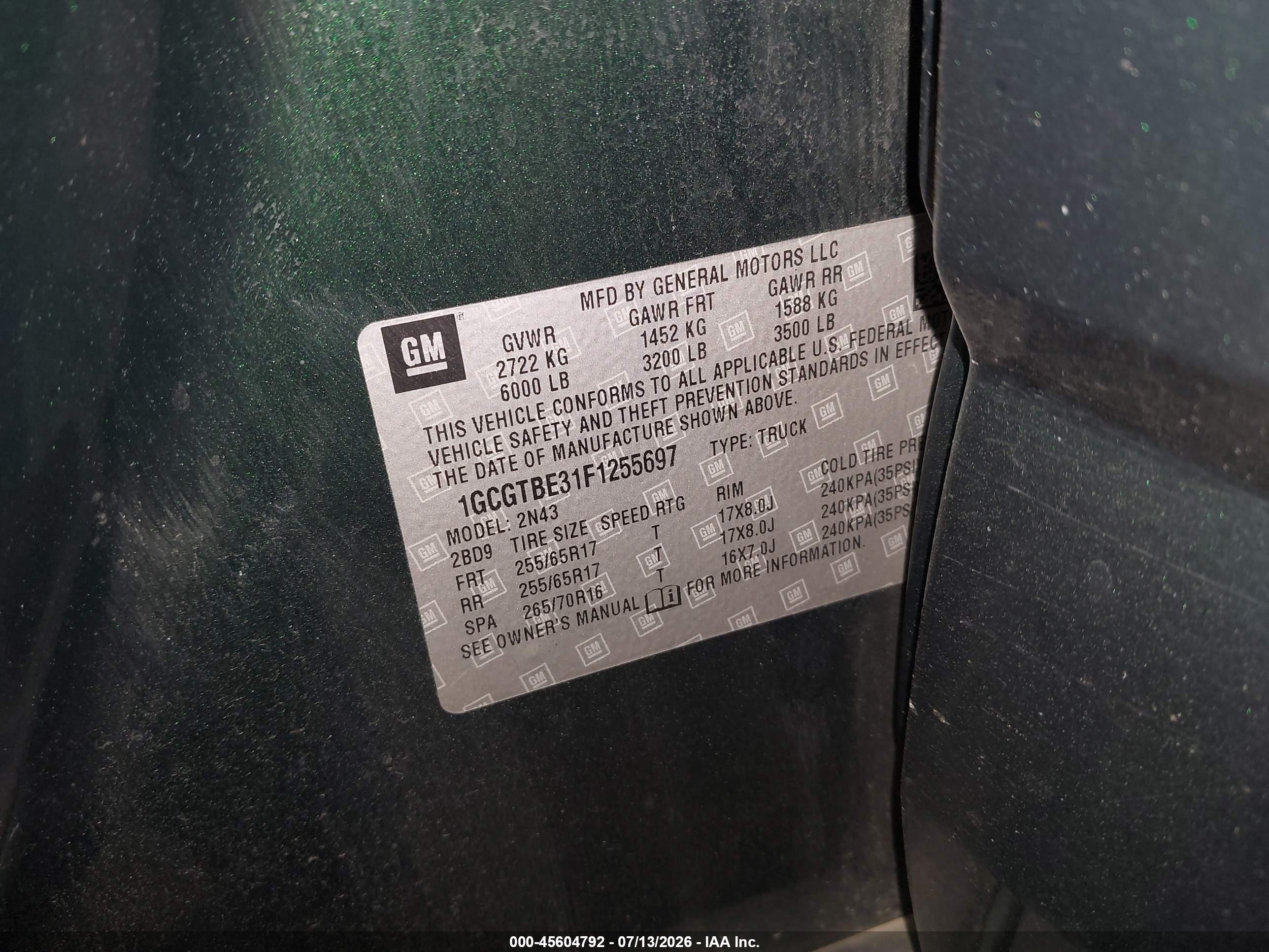 2015 Chevrolet Colorado Lt Green vin: 1GCGTBE31F1255697