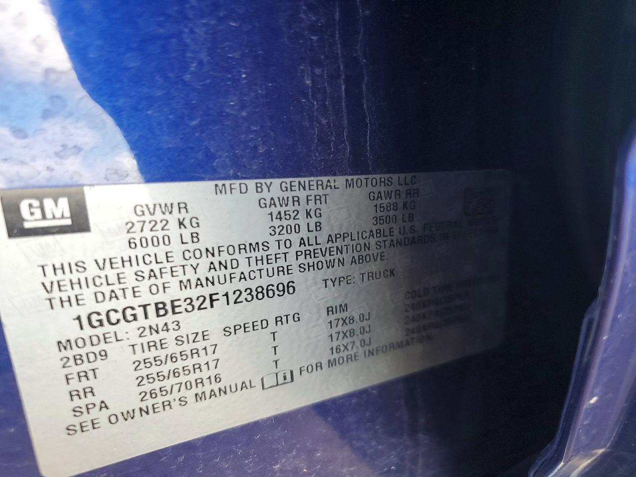 2015 Chevrolet Colorado Lt Blue vin: 1GCGTBE32F1238696