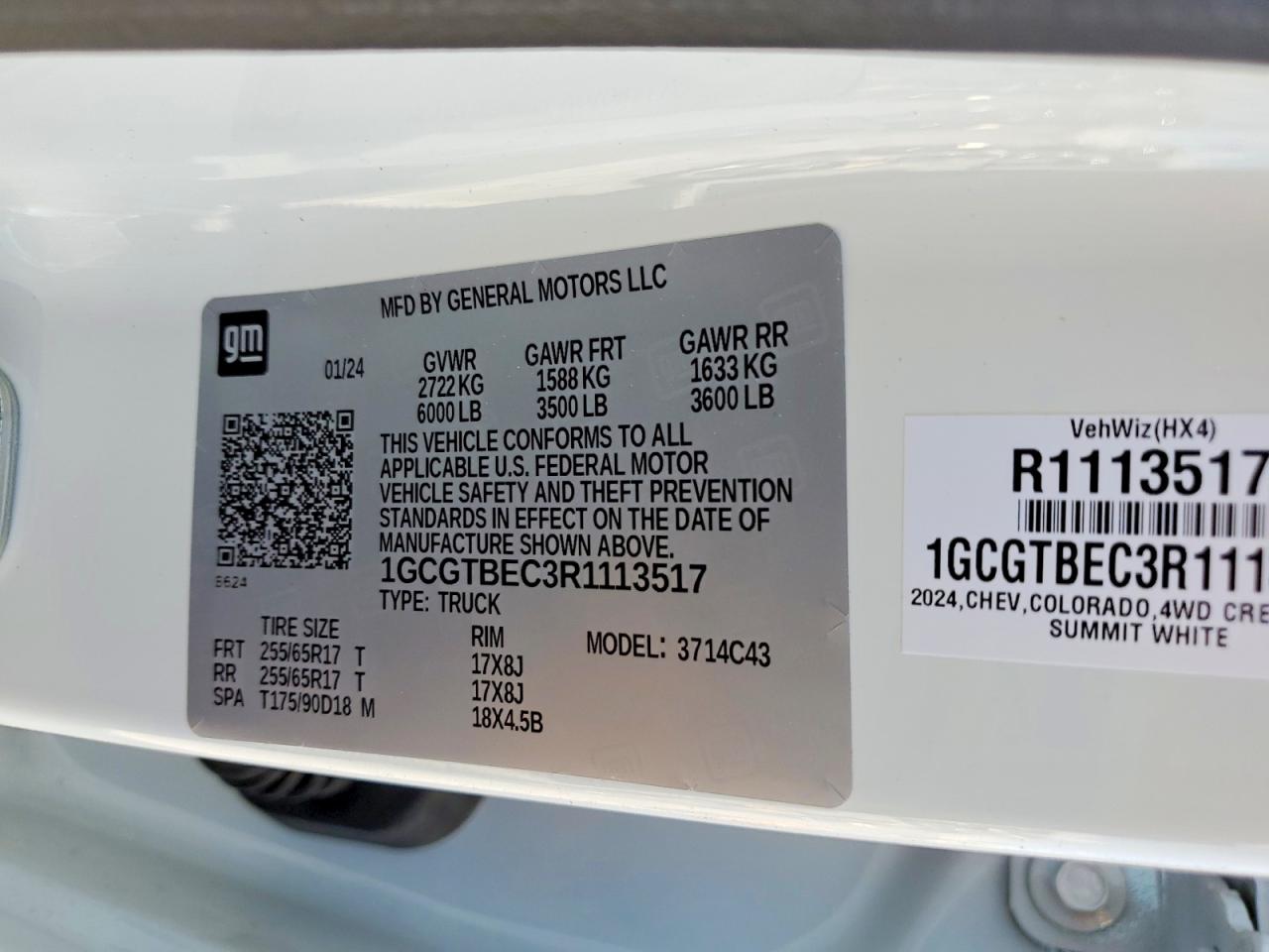 2024 Chevrolet Colorado White vin: 1GCGTBEC3R1113517