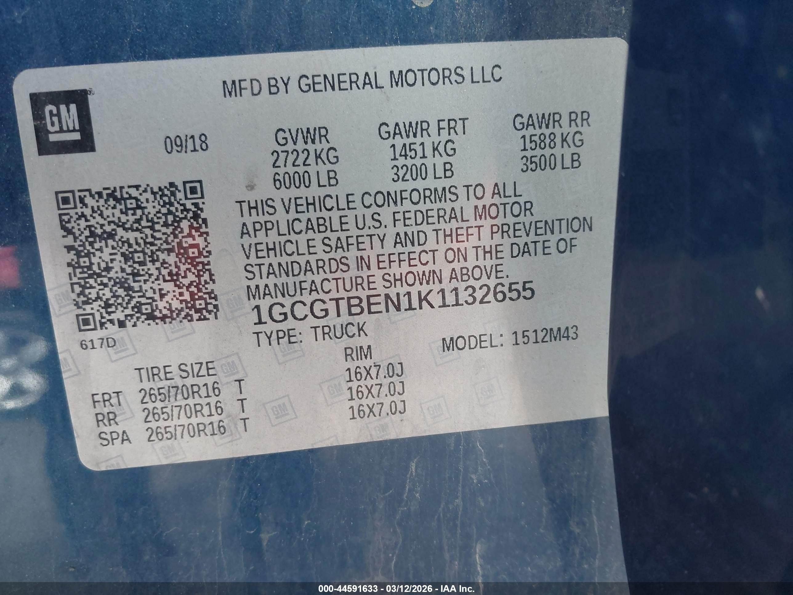 2019 Chevrolet Colorado Wt Blue vin: 1GCGTBEN1K1132655