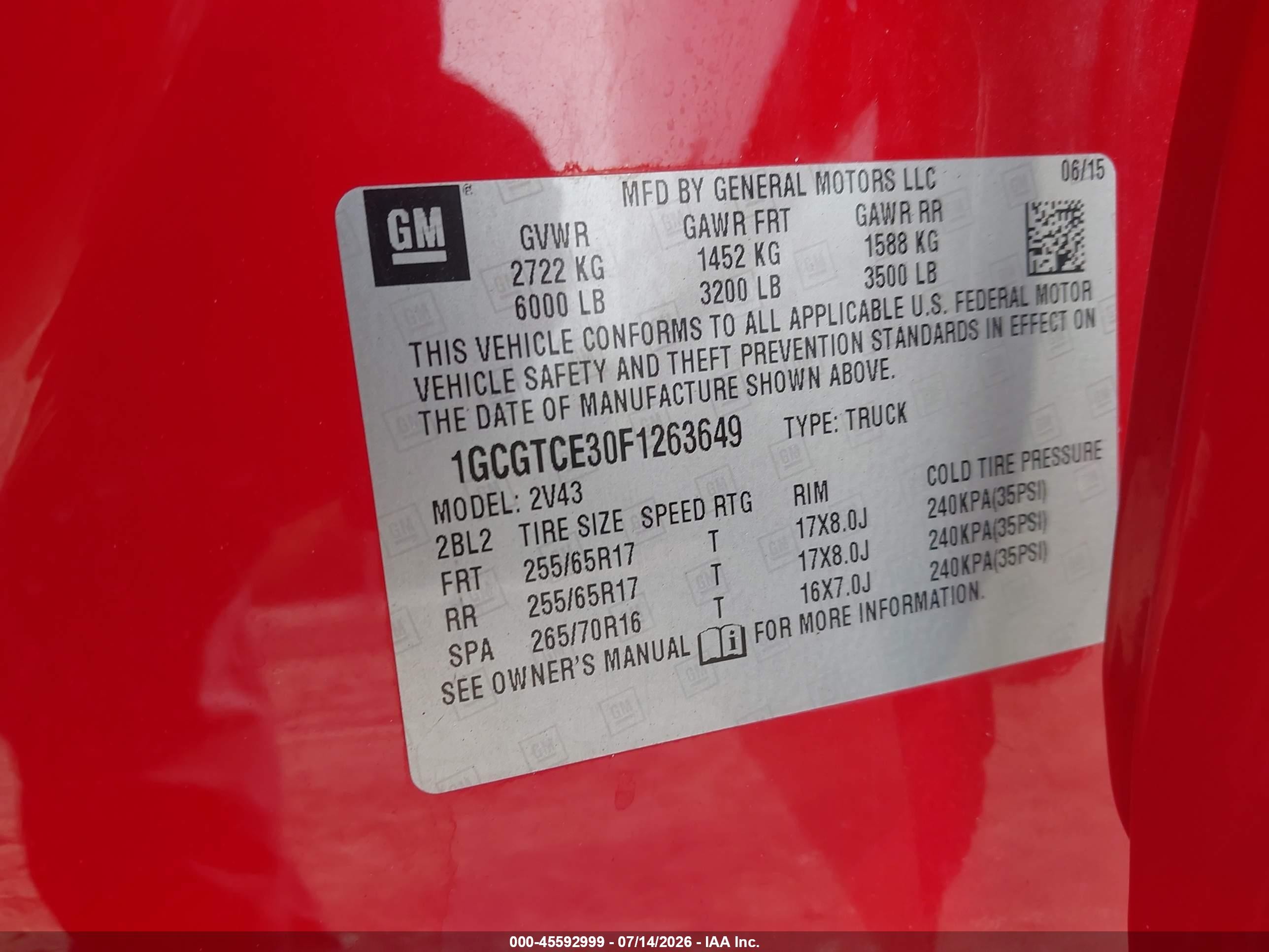 2015 Chevrolet Colorado 4wd Z71 Red vin: 1GCGTCE30F1263649