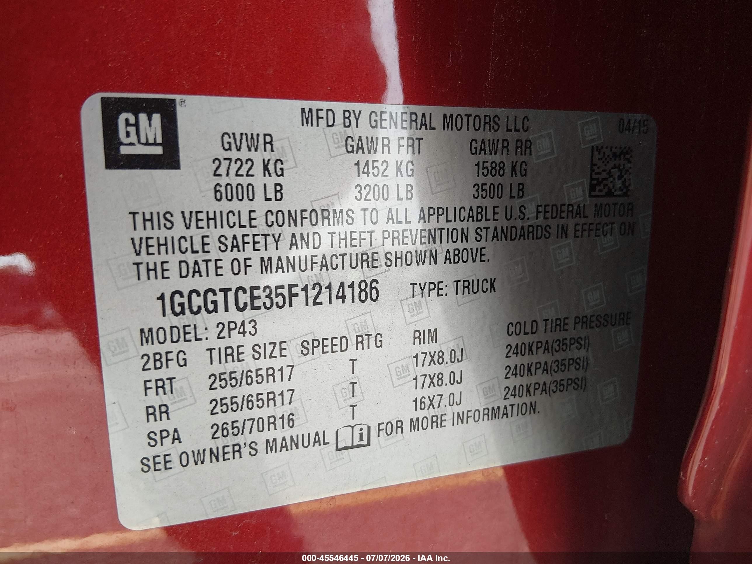 2015 Chevrolet Colorado Z71 Red vin: 1GCGTCE35F1214186