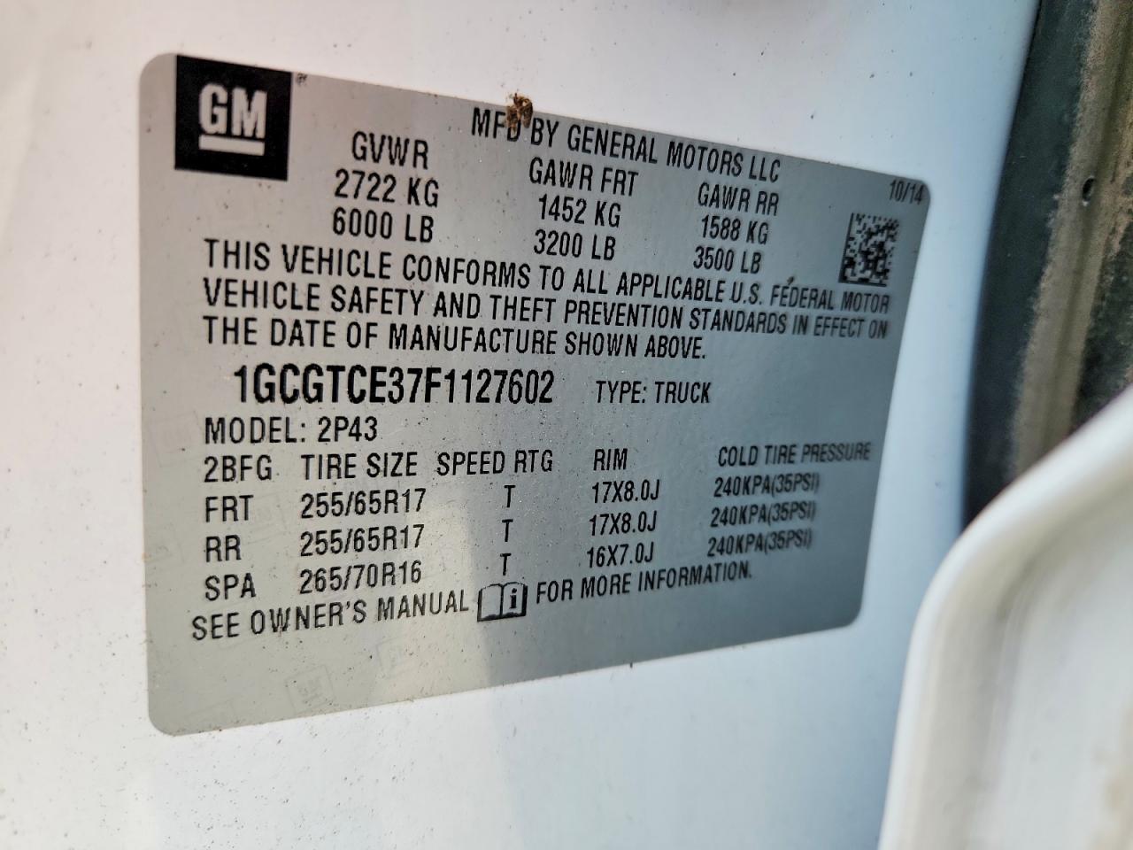 2015 Chevrolet Colorado Z71 White vin: 1GCGTCE37F1127602