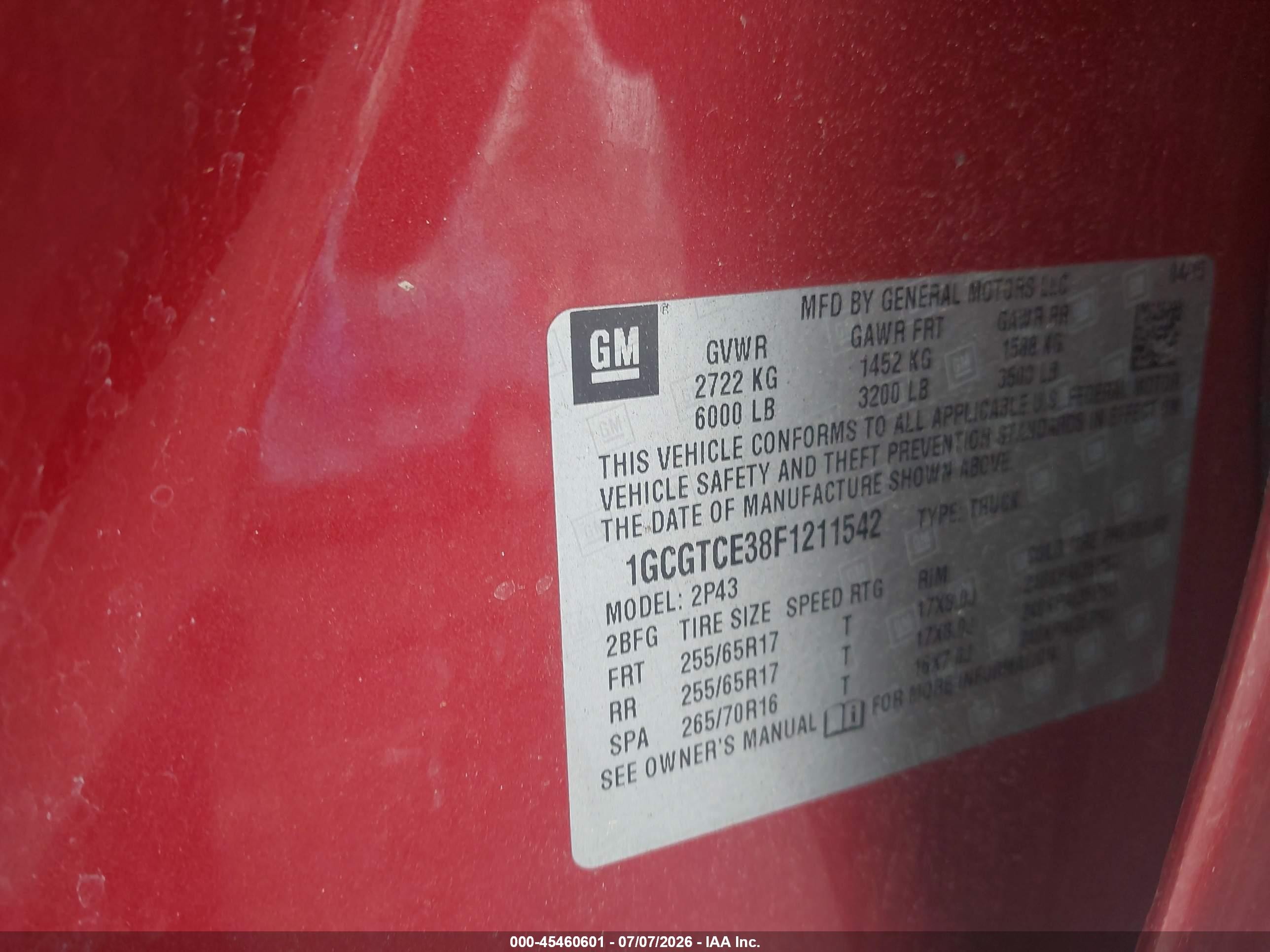 2015 Chevrolet Colorado Z71 Red vin: 1GCGTCE38F1211542