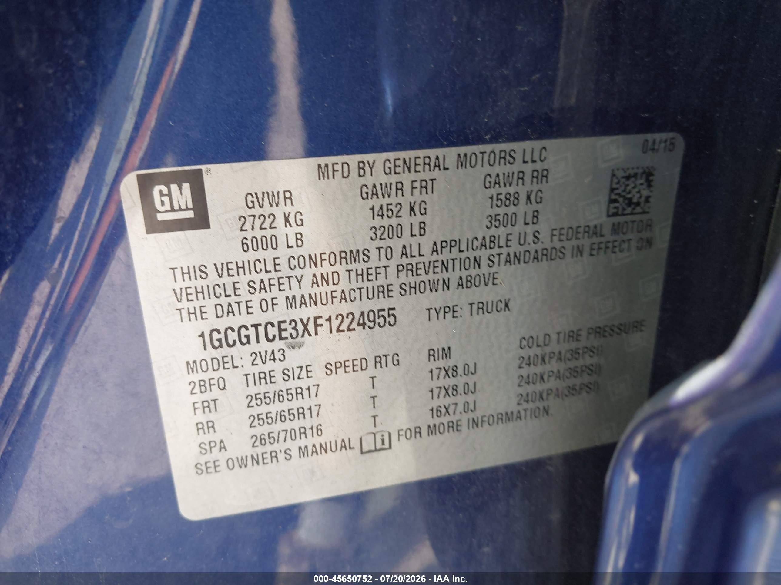 2015 Chevrolet Colorado 4wd Z71 Синий vin: 1GCGTCE3XF1224955