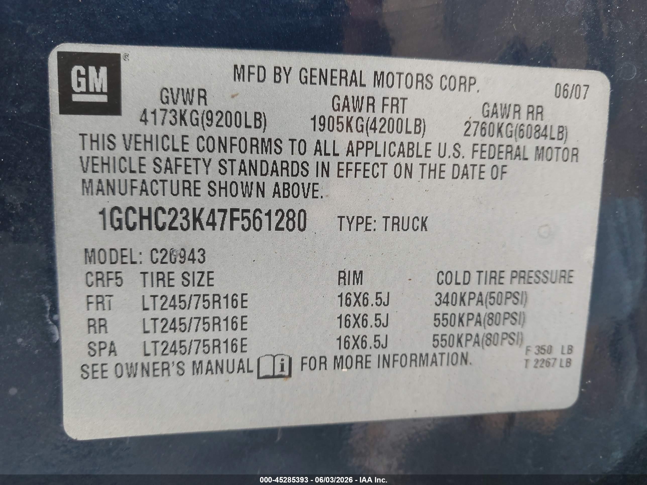 2007 Chevrolet Silverado 2500hd Work Truck Blue vin: 1GCHC23K47F561280