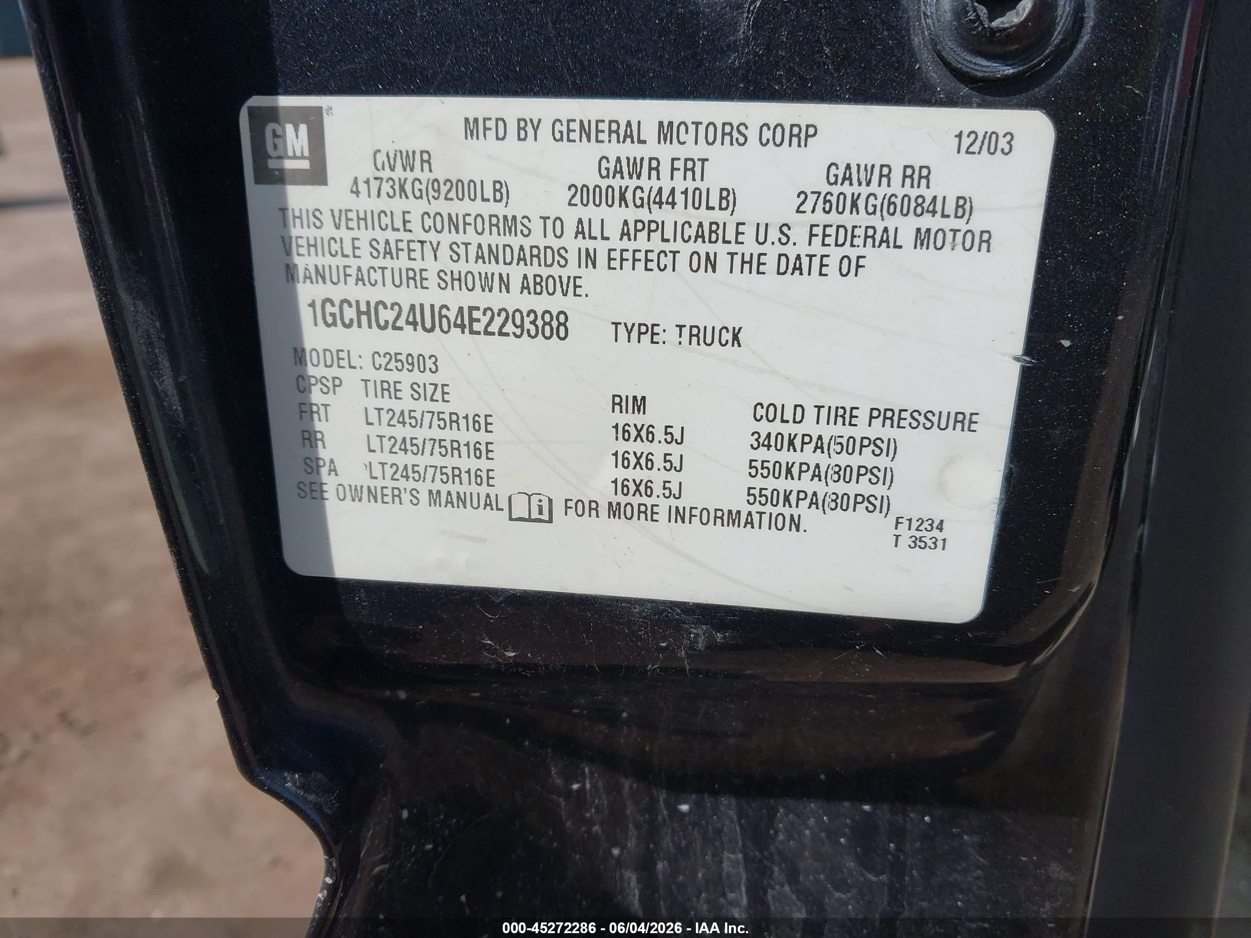 2004 Chevrolet Silverado 2500hd Work Truck Black vin: 1GCHC24U64E229388