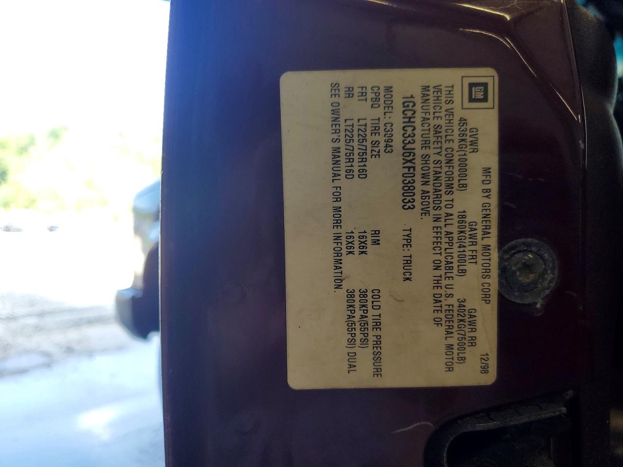 1999 Chevrolet Gmt-400 C3500 Maroon vin: 1GCHC33J6XF038033