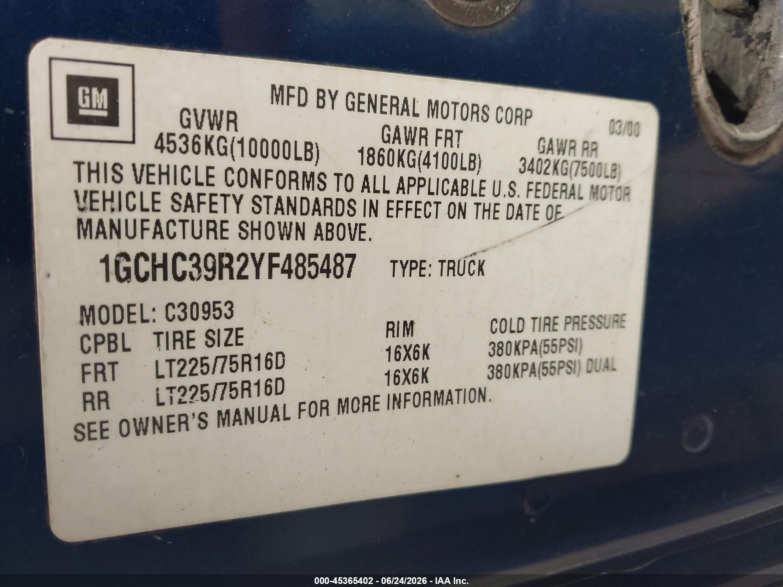 2000 Chevrolet C3500   Blue vin: 1GCHC39R2YF485487
