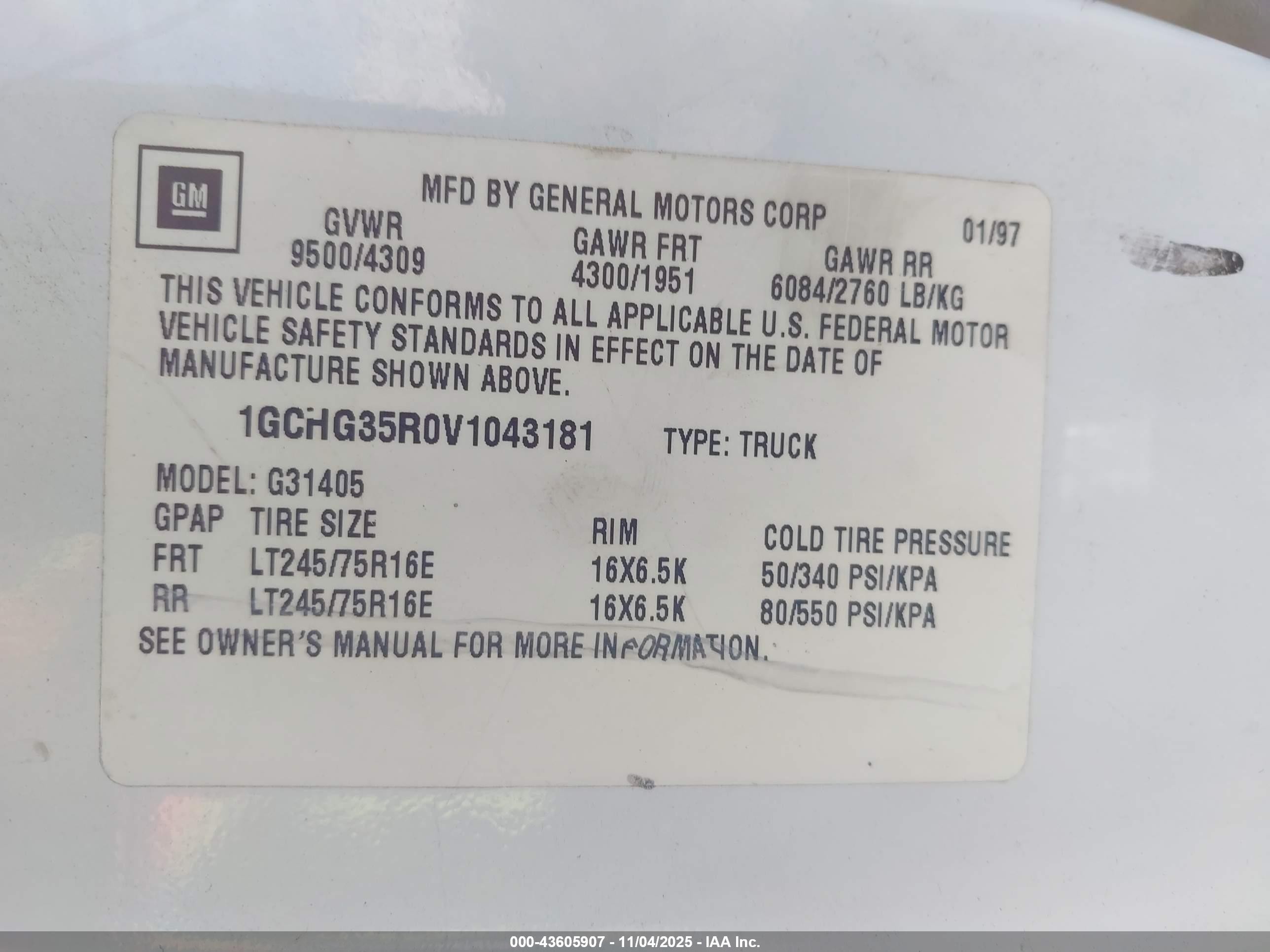 1997 Chevrolet Chevy Van   Белый vin: 1GCHG35R0V1043181