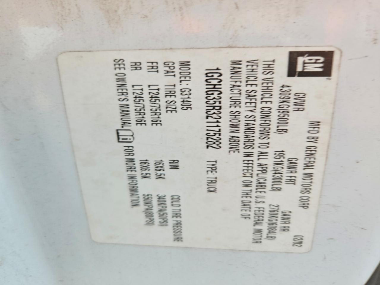 2002 Chevrolet Express G3500 White vin: 1GCHG35R321175282