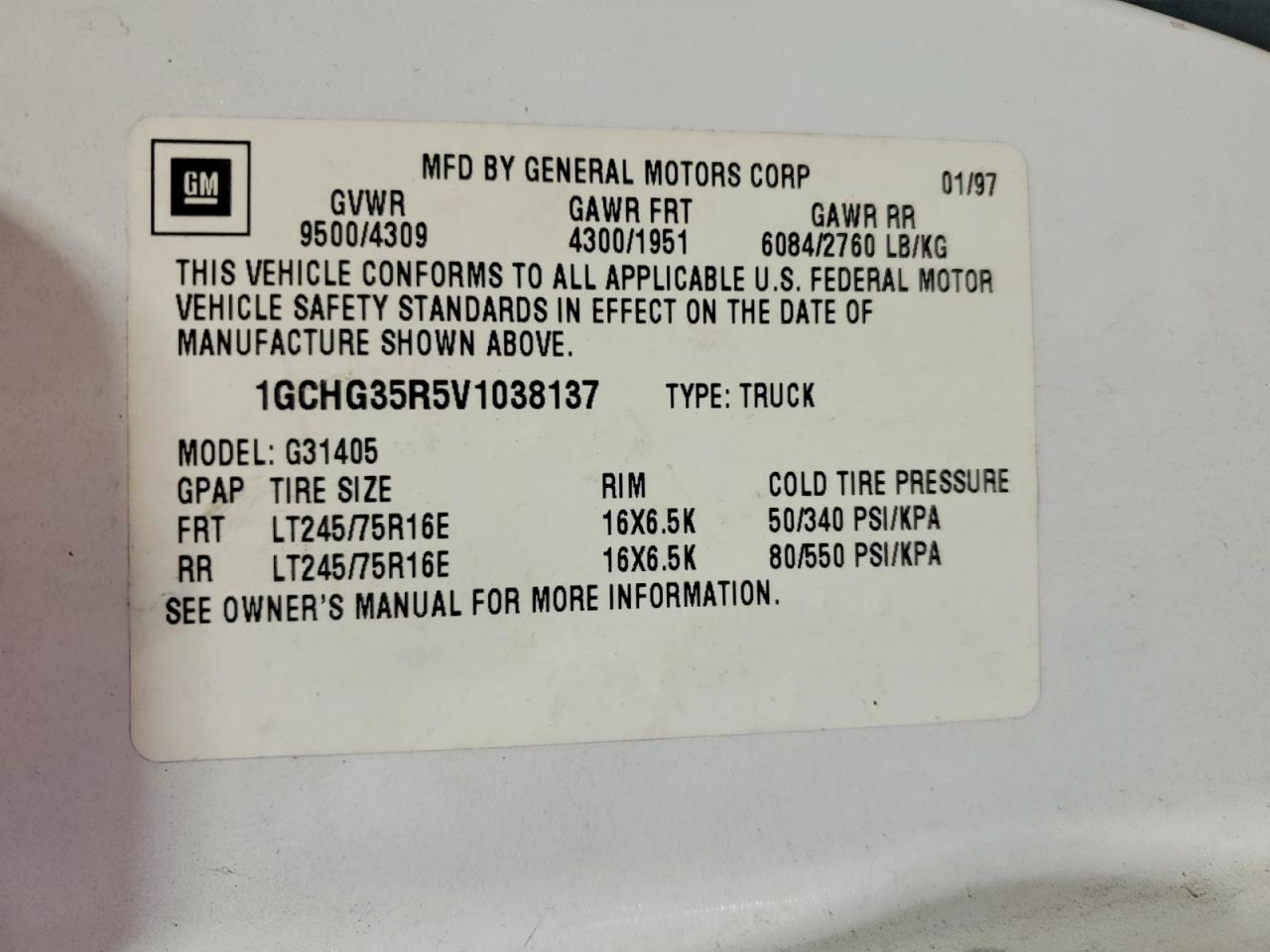 1997 Chevrolet Express G3500 Белый vin: 1GCHG35R5V1038137