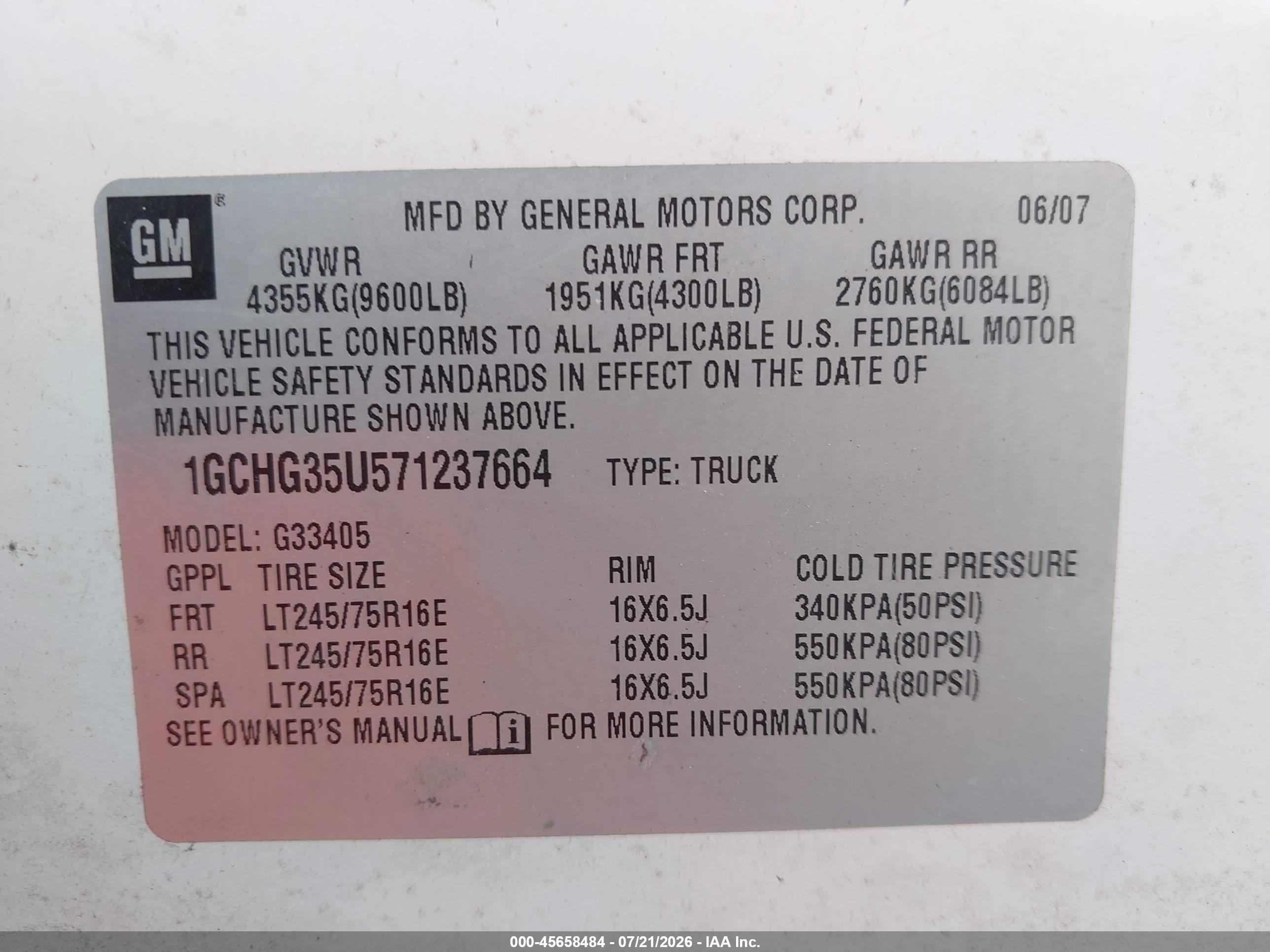 2007 Chevrolet Express Cargo Van Work Van White vin: 1GCHG35U571237664