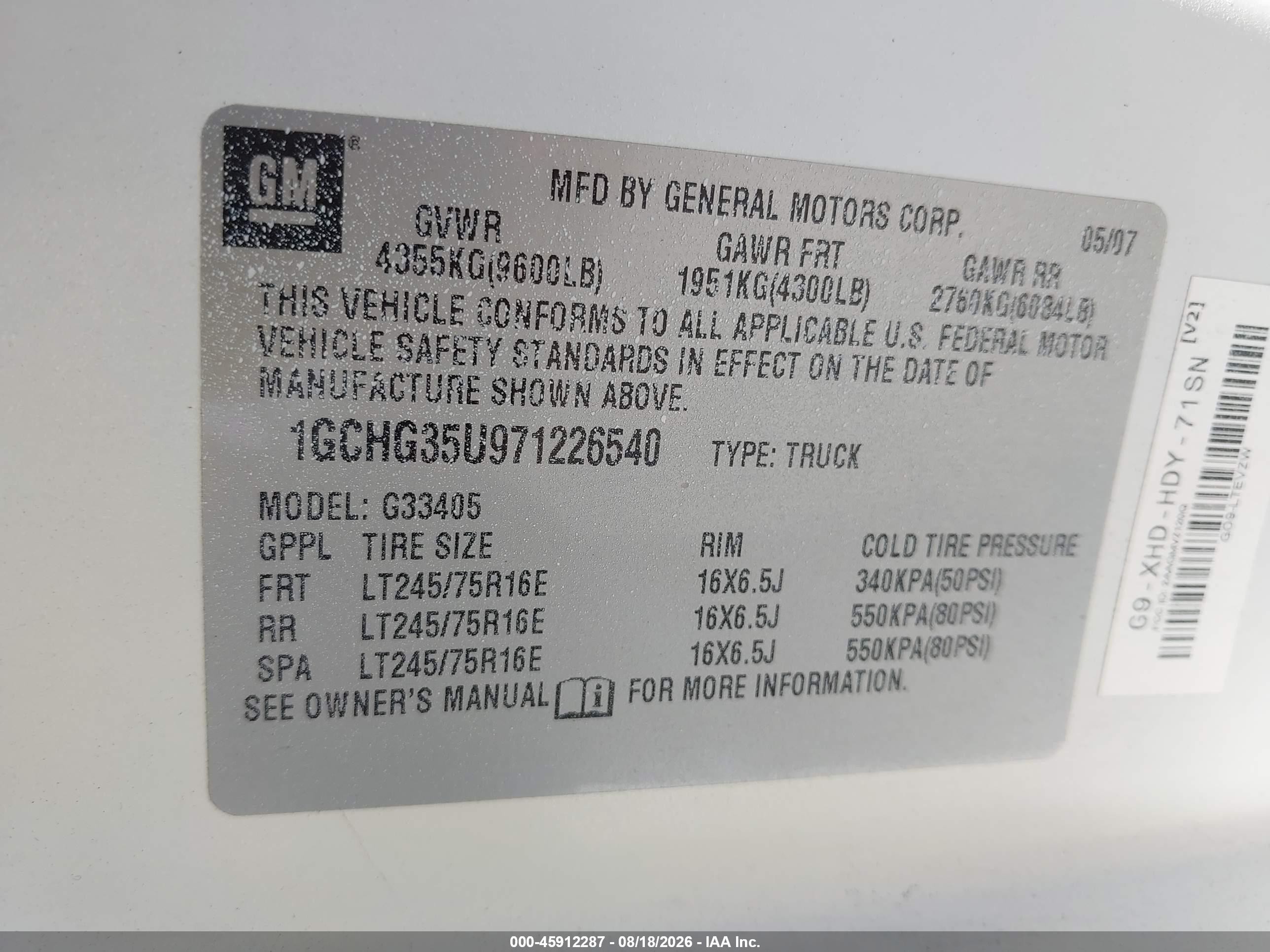 2007 Chevrolet Express Cargo Van Work Van White vin: 1GCHG35U971226540