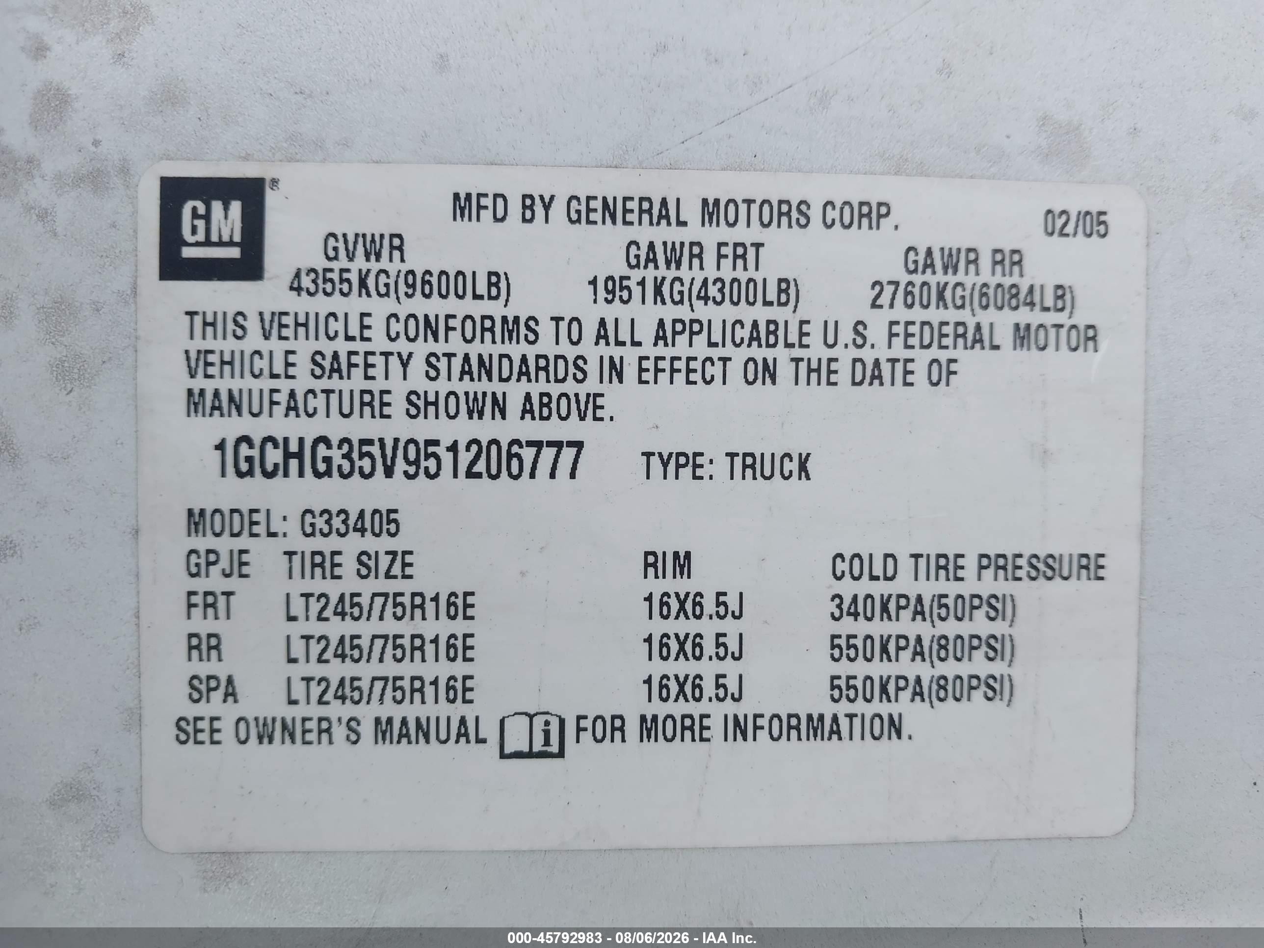 2005 Chevrolet Express   White vin: 1GCHG35V951206777