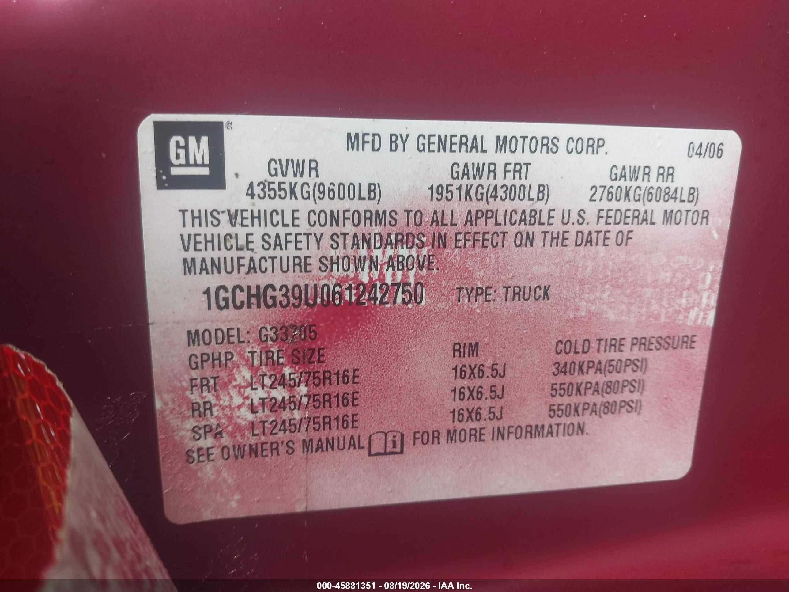 2006 Chevrolet Express Cargo Van Y3h Paratransit Red vin: 1GCHG39U061242750